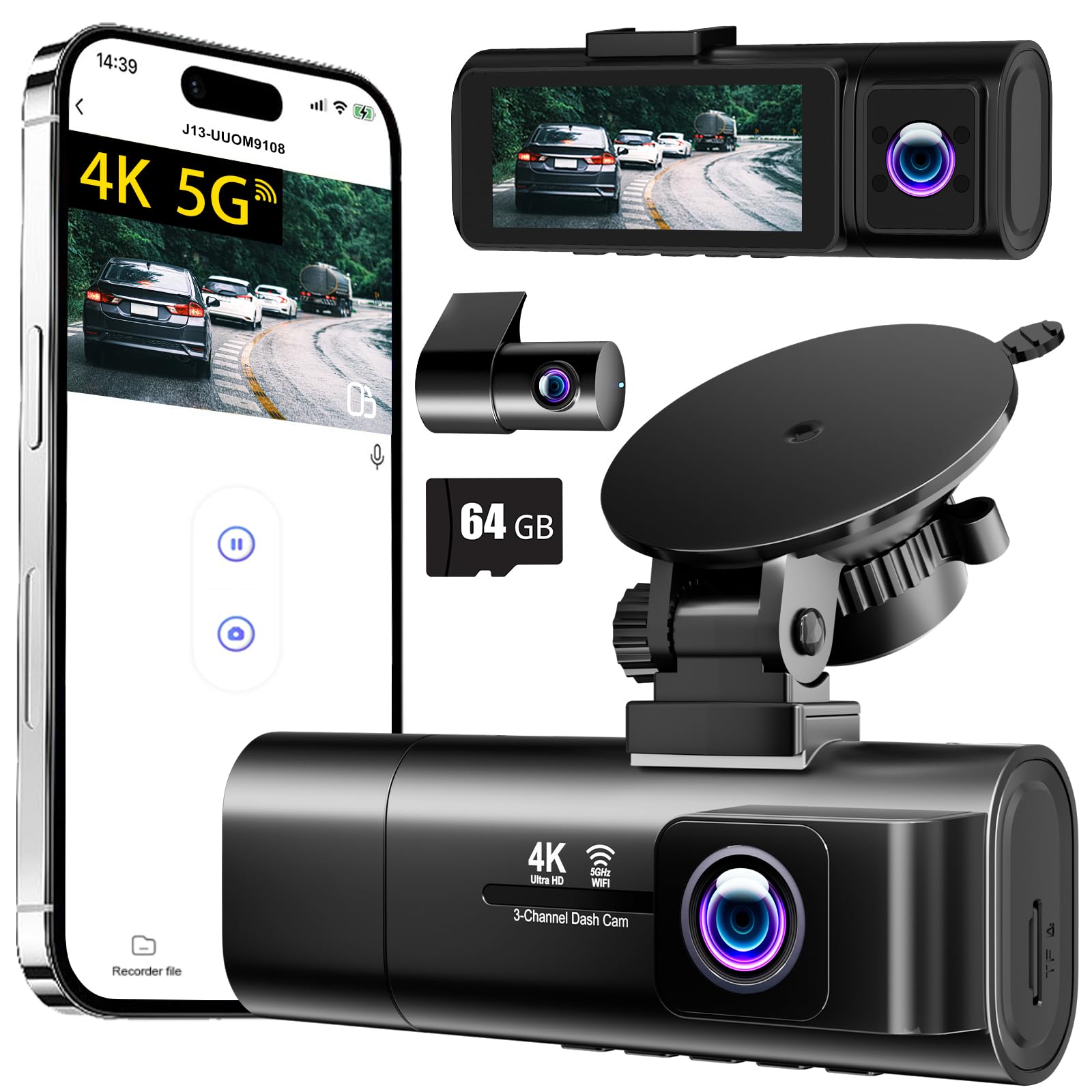 4K Dash Cam Front and Rear Inside,3.16 IPS,3 Channel Dash Cam for Car with 5G WiFi,Free 64GB Card,170Wide Angle,Loop Recording,G