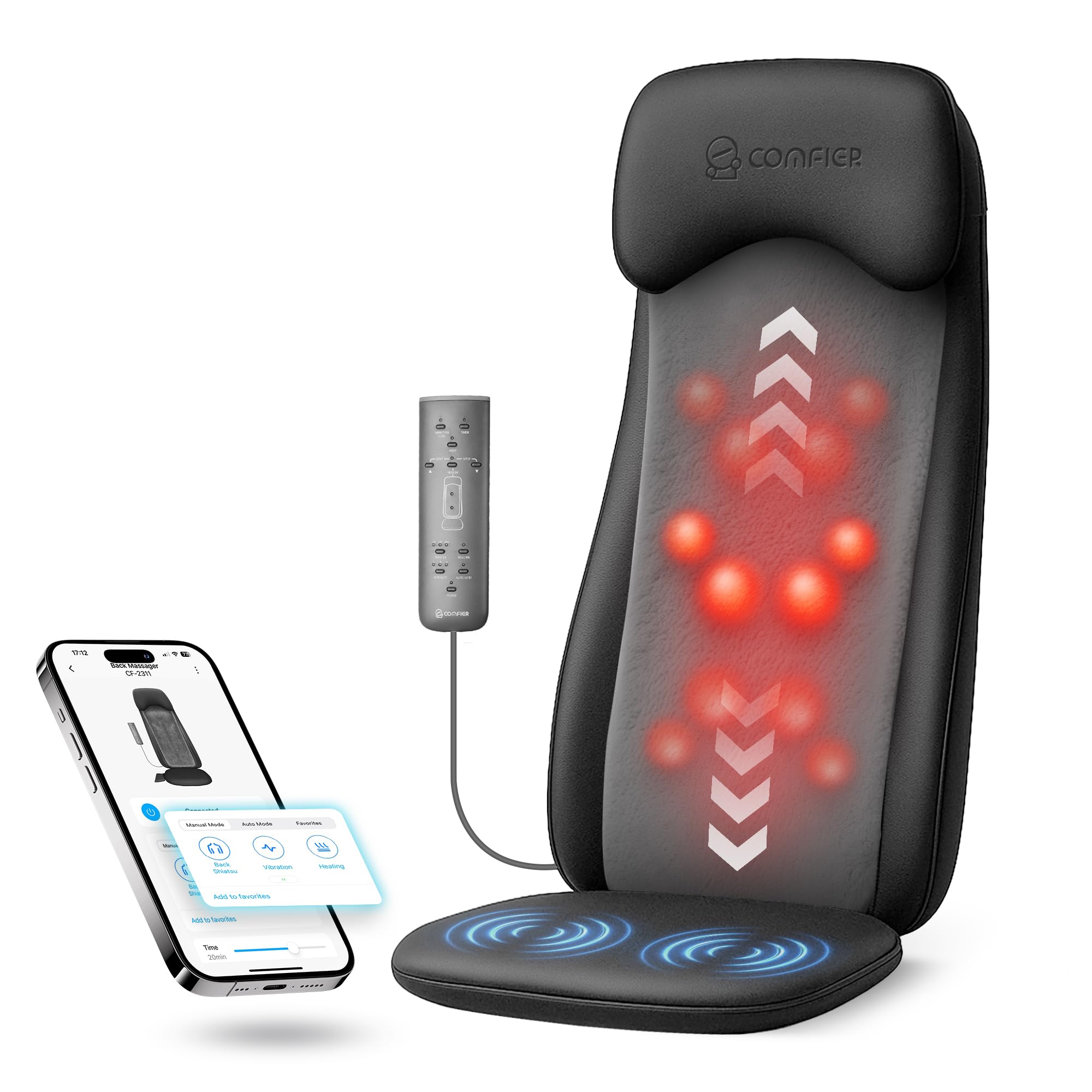 COMFIER Shiatsu Massage Cushion with Heat,2D/3D Shiatu Back Massager with App Control,Deep Tissue Kneading Massage Chair Pad wit