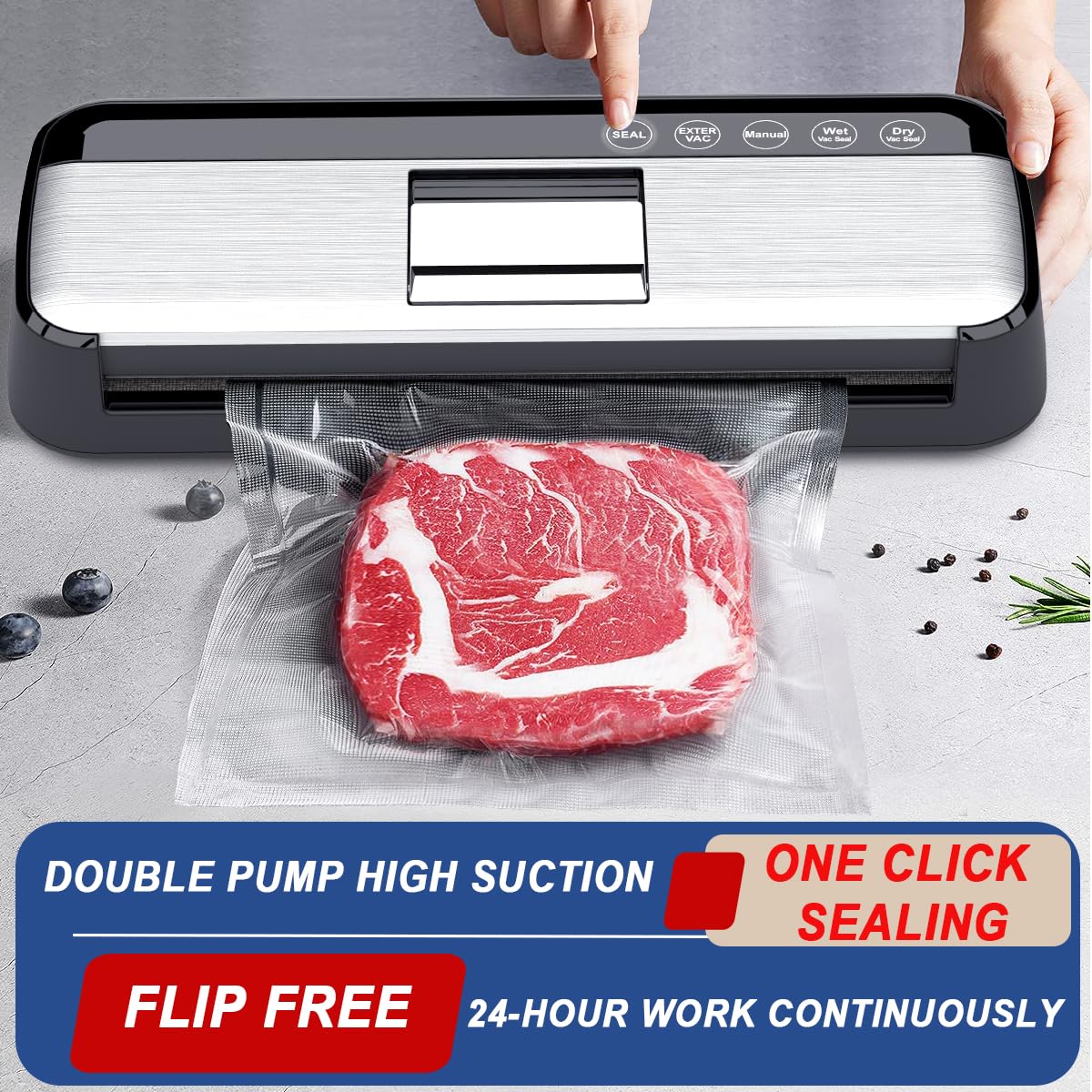 Powerful Vacuum Sealer Machine, One Touch Automatic Food Sealer With 15 Bags, Dry/Moist/Seal/Manual/External Vac, 7Mm Heating Wi