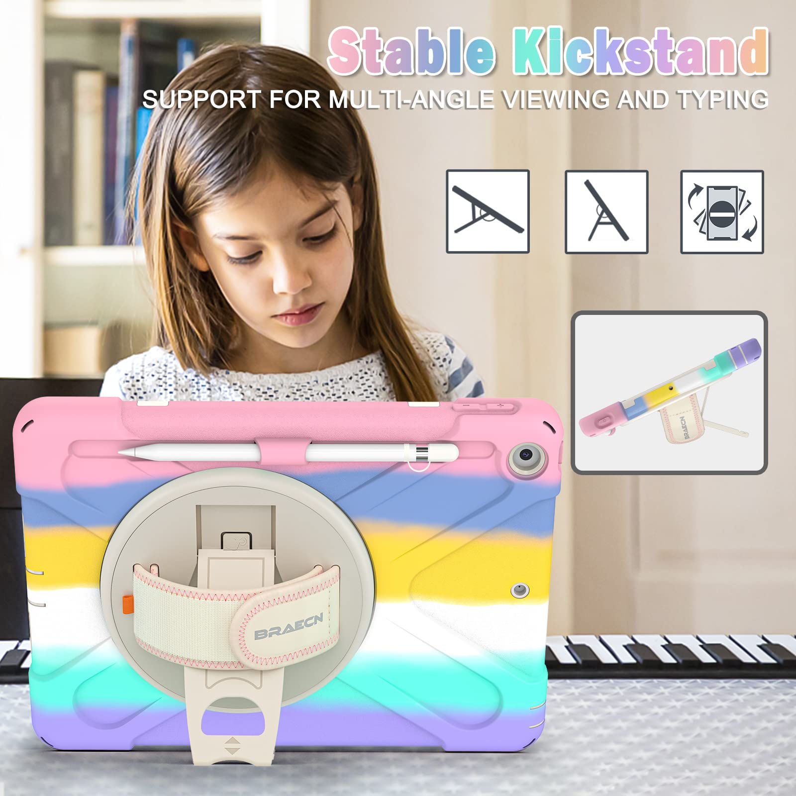 Braecn Ipad Case 9Th 8Th Generation 10.2 Inch 2021 2020, Heavy Duty Kids Case With Pencil Holder Screen Protector Pencil Cap Hol