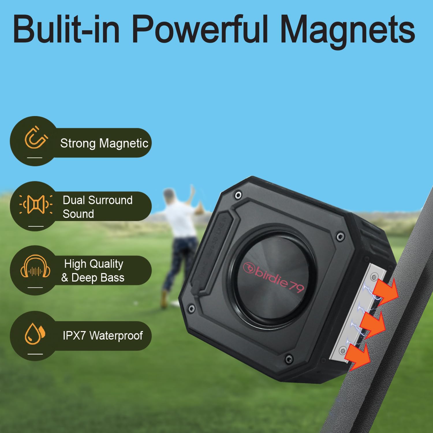 Birdie79   2 Pack Golf Speaker: Magnetic, Loud Stereo Sound, Bass Boost, Bluetooth, Ipx7 Waterproof, Rugged & Shockproof   30W