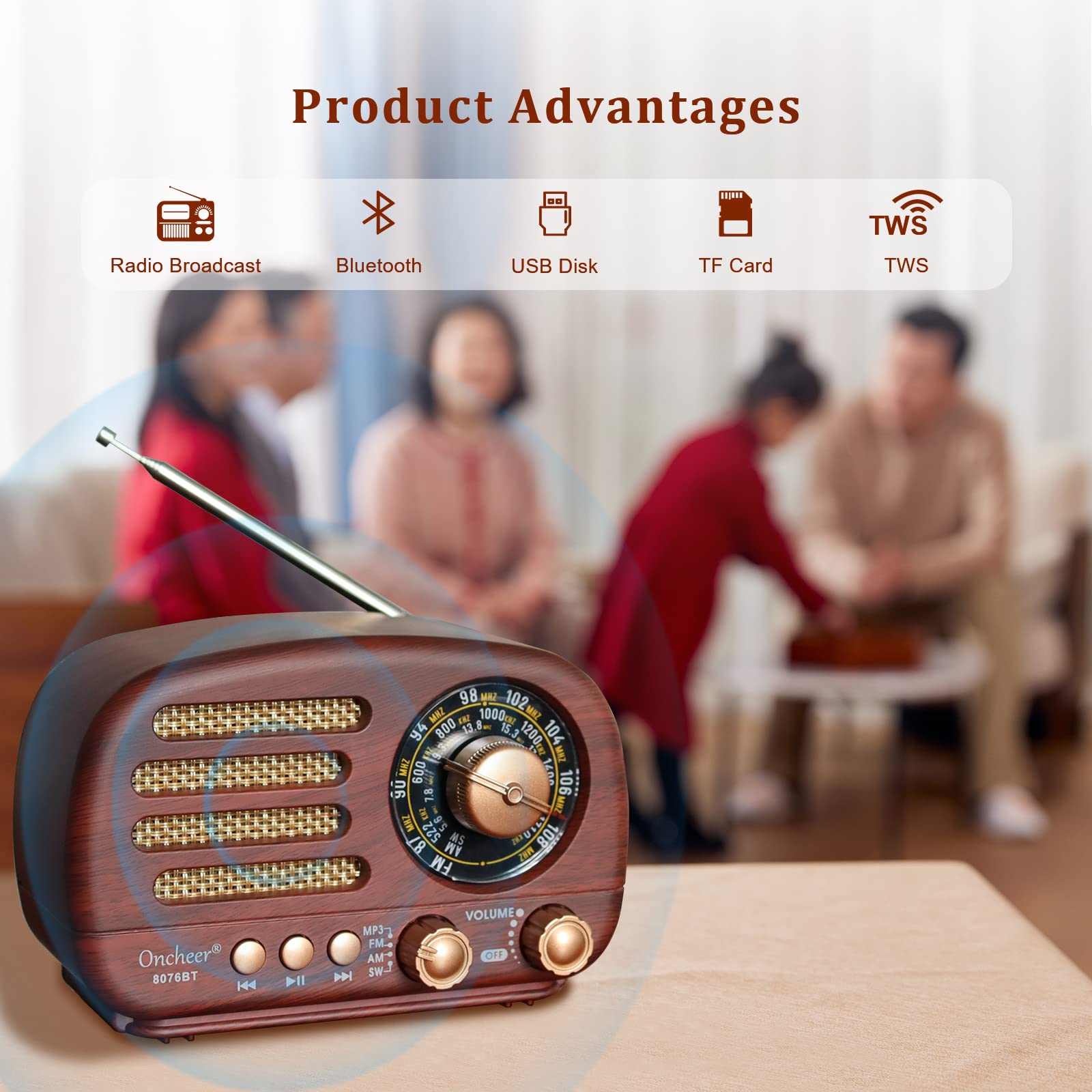 Oncheer Portable Vintage Radio Retro Bluetooth Speaker, Fm/Am/Sw Old Fashion Classic Style, Adjustable Antenna, Rechargeable Bat