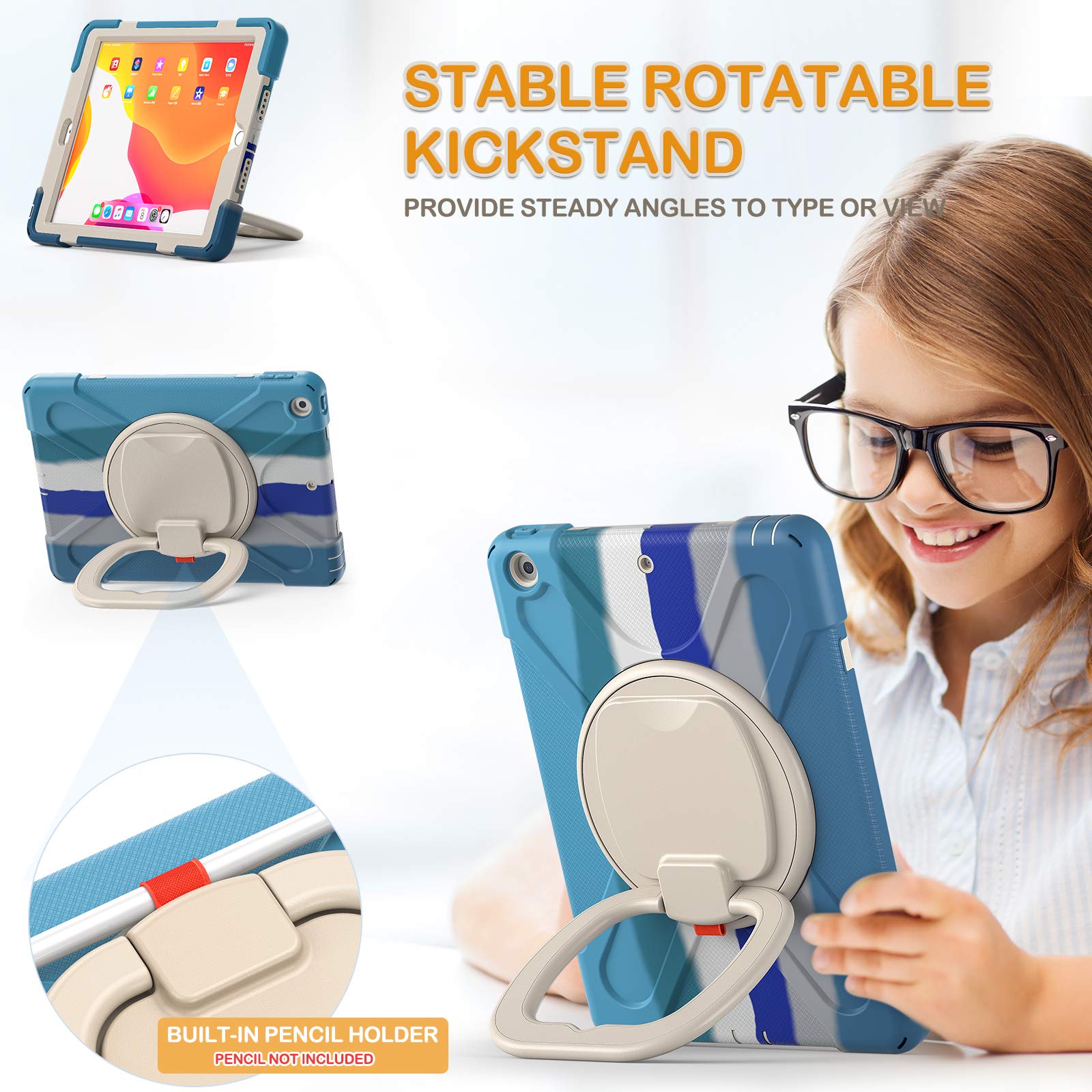 Braecn For Ipad 9Th 8Th 7Th Generation 10.2 Inch Case,Heavy Duty Silicone Case W/Carrying Strap/Pencil Holder/Screen Protector/F