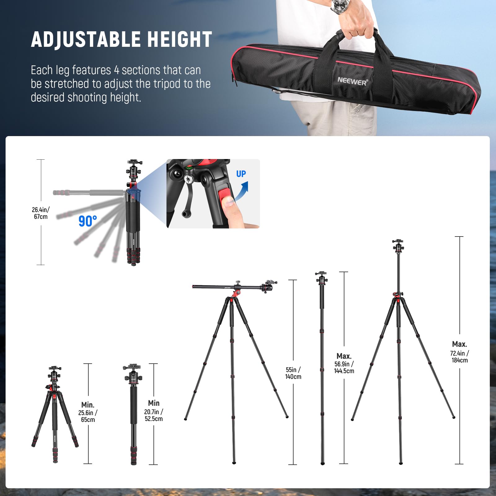 Neewer 72 Inch Camera Tripod Monopod With Center Column And Ball Head Aluminum, Arca Type Qr Plate, Bag, Horizontal Tripod Overh