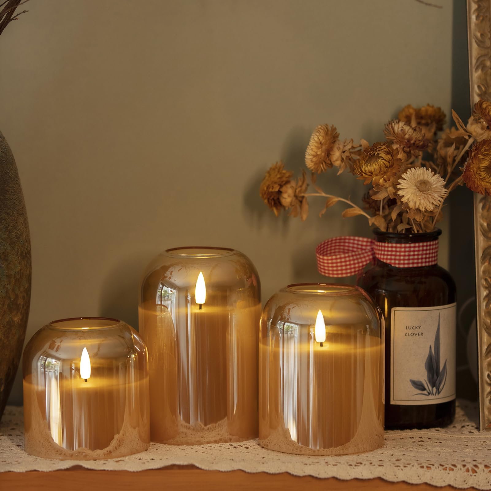 Volnyus Gold Glass Flameless Candles With Remote Battery Operated Flickering Led Pillar Candles Real Wax 3D Wick F 4'' H 4'' 5''