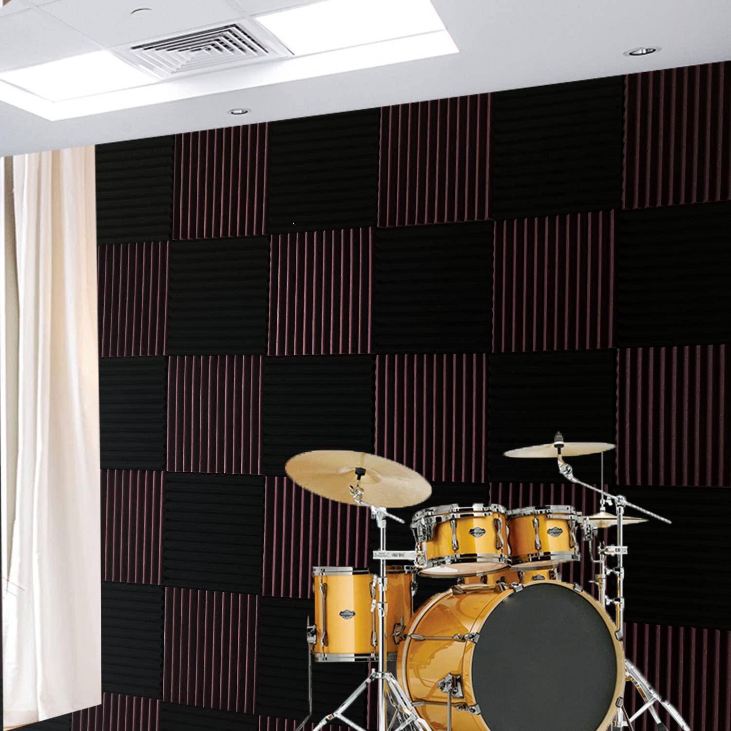 96 Pack Burgundy/Black Absorb The Echo Acoustic Foam Panel Wedge Studio Soundproofing Wall Tiles 12'' X 12'' X 1''