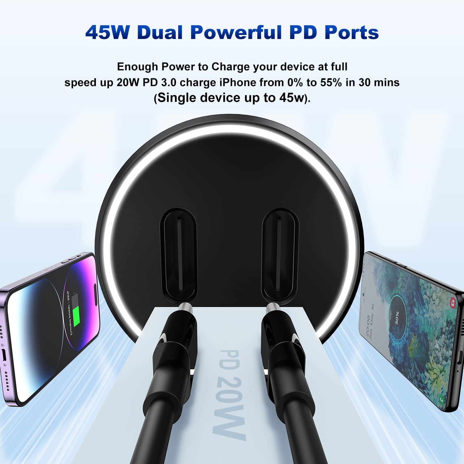 Qzvoo 45W Dual Port Usb C Car Charger Adapter, Mfi Certified Fast Charger For Apple Iphone 14/13/12/11 Pro Max, Ipad, Airpods Wi