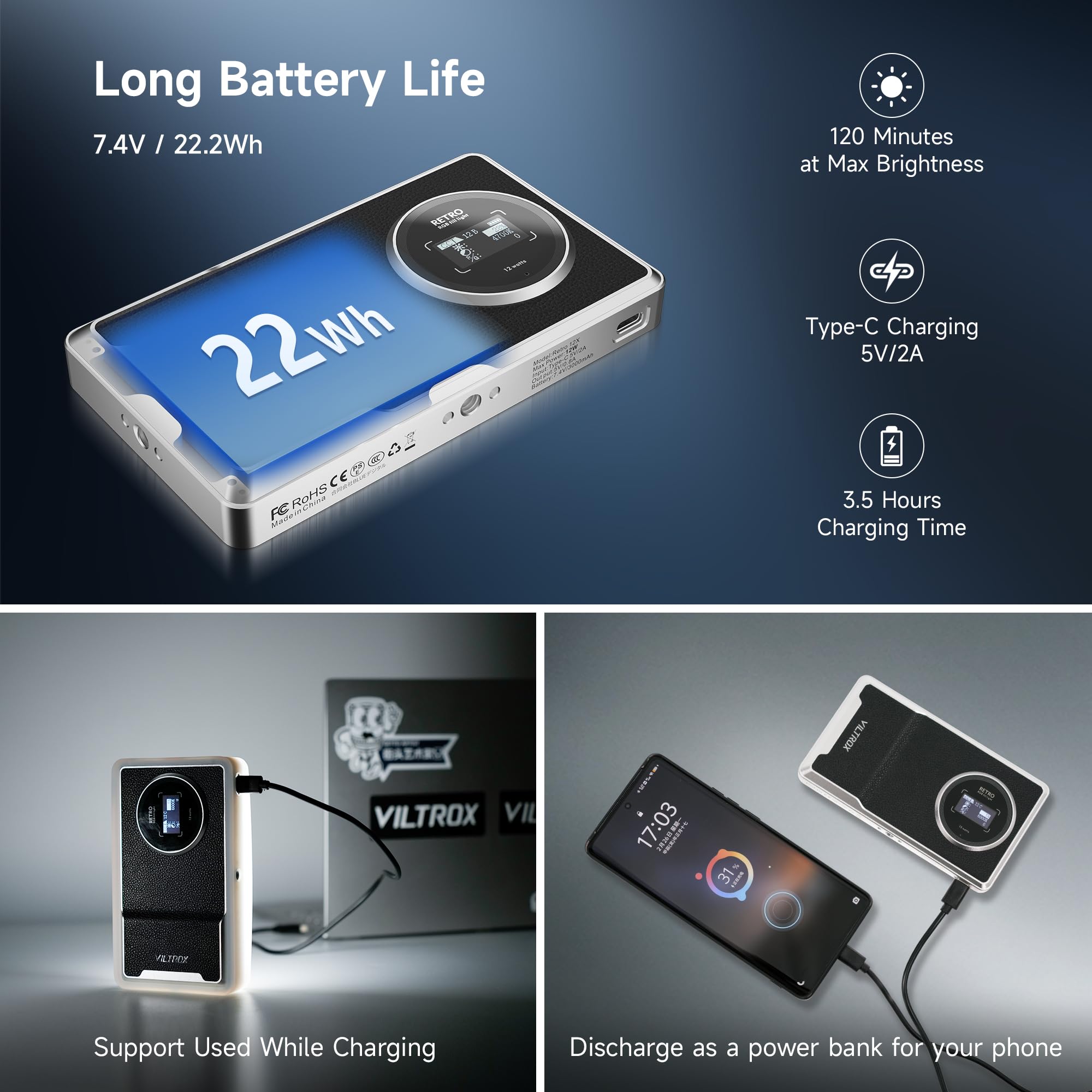 Vltrox 12W Rgb Camera Light, 22Wh Built In Battery Supports Used While Charging Rgb Led Video Light With App Control, Cri97+/26