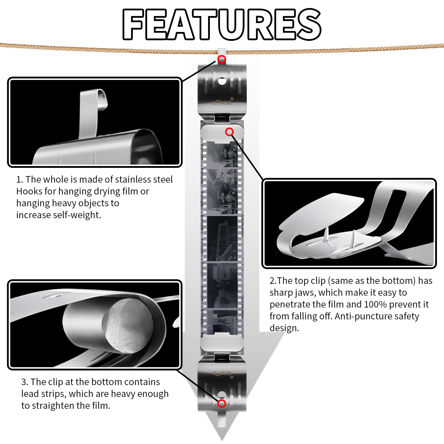 4Xpcs Stainless Steel Film Clips With Lead Block Make Film Straight Film Air Dry Darkroom Processing Equipment 135 120 Roll Film
