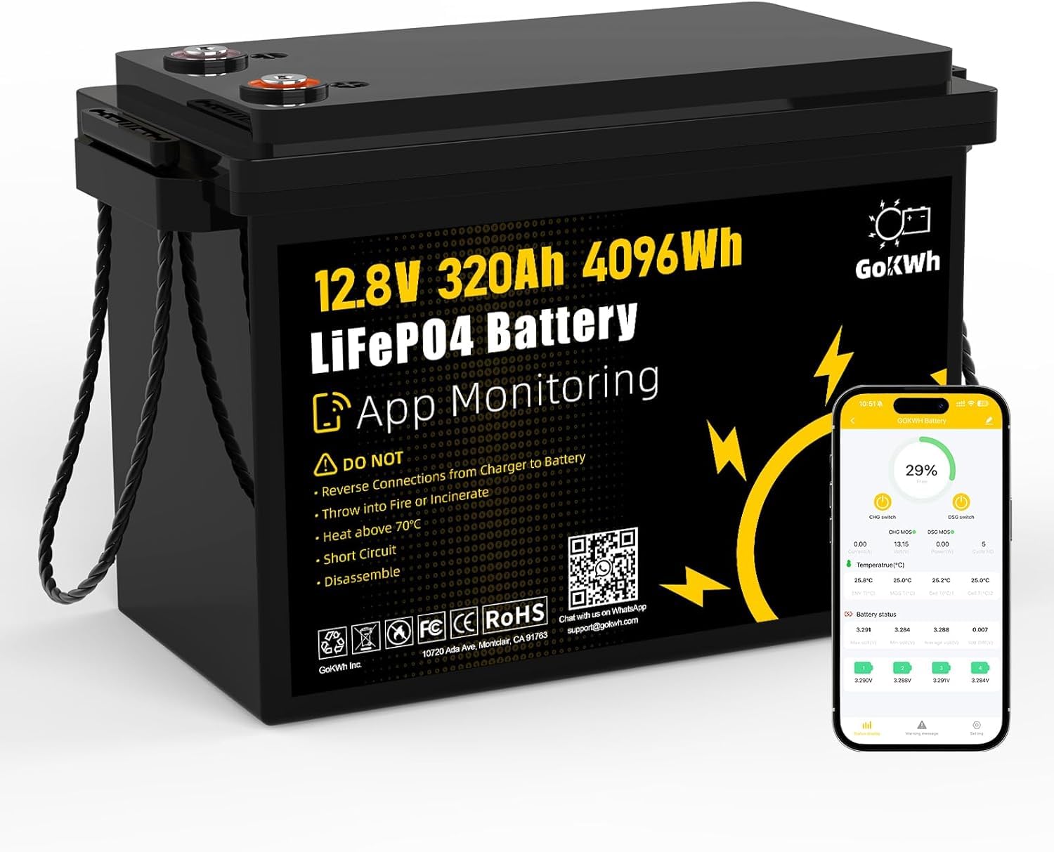 GOKWH 12V 320Ah LiFePO4 Lithium Battery with Smart APP, Bluetooth 5.0 Rechargeable 4096Wh Battery, 200A BMS Up to 8000 Deep Cycl