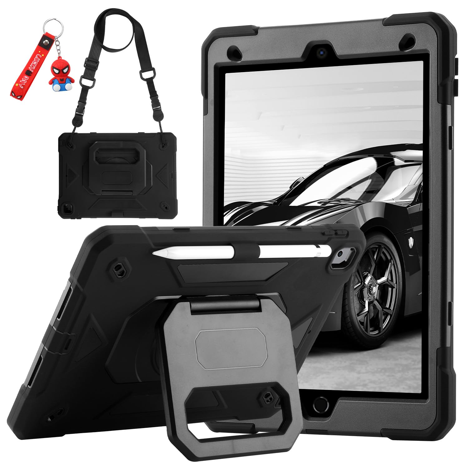 for iPad 9th/ 8th/ 7th Generation Case (iPad 10.2 inch Shockproof Case) with 360 Rotating Grip Magic Stand, Pencil Holder/Keycha