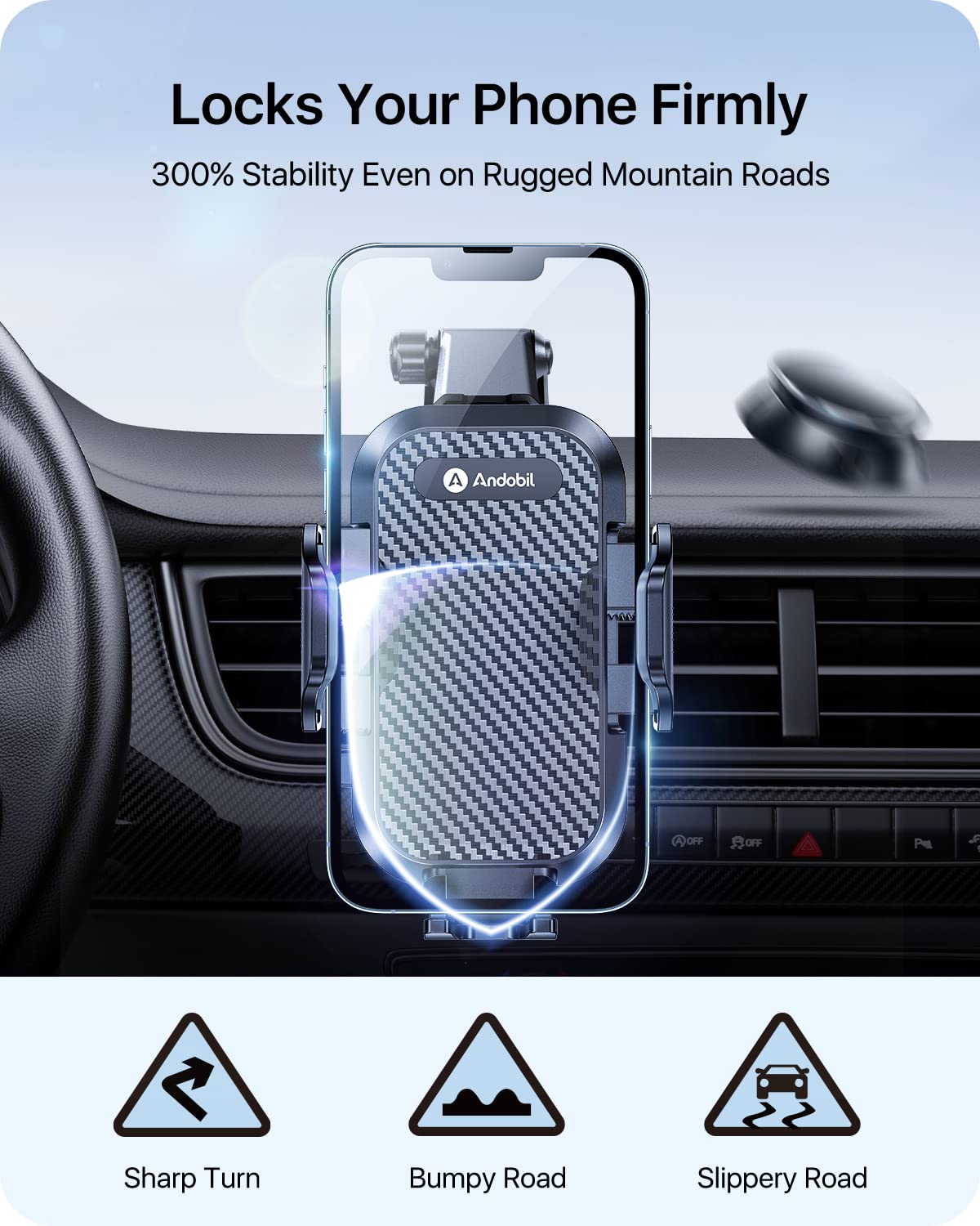 Andobil Car Phone Holder (Bumpy Roads Friendly) Military-Grade Cell Phone Car Mount Ultimate Phone Holders For Your Car Dashboar