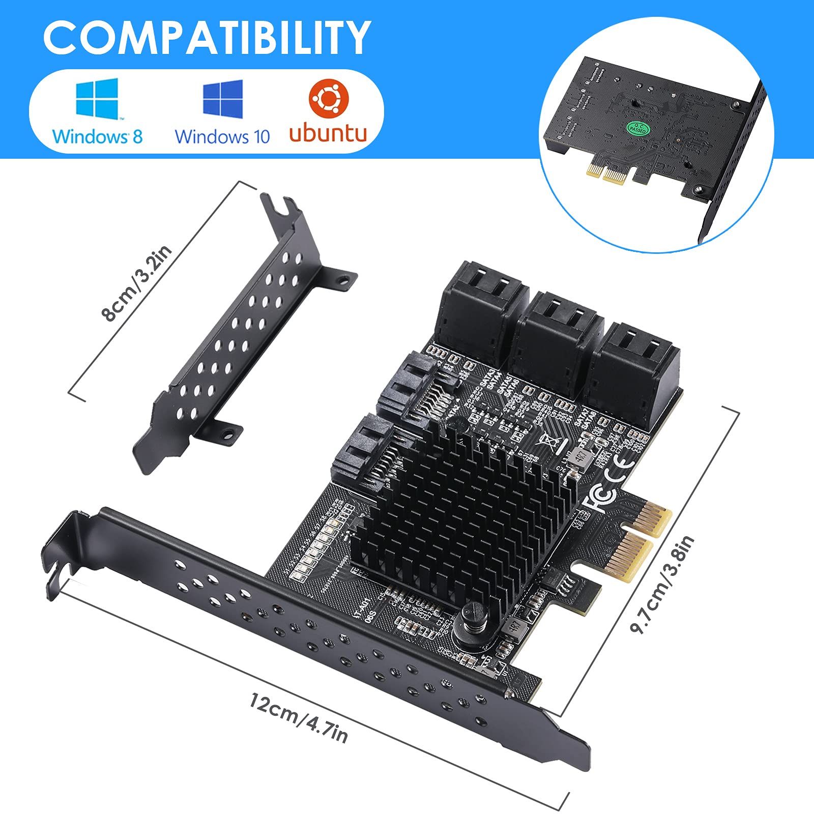 Beyimei Pcie Sata Card 8 Ports, With 8 Sata Cables, Power Splitter Cable Andlow Profile Bracket,Sata 3.0 Controller Expansion Card, Pci E X1 3.0 Gen3 (6Gbps) Controller Card (Asm1064+Jmb575)