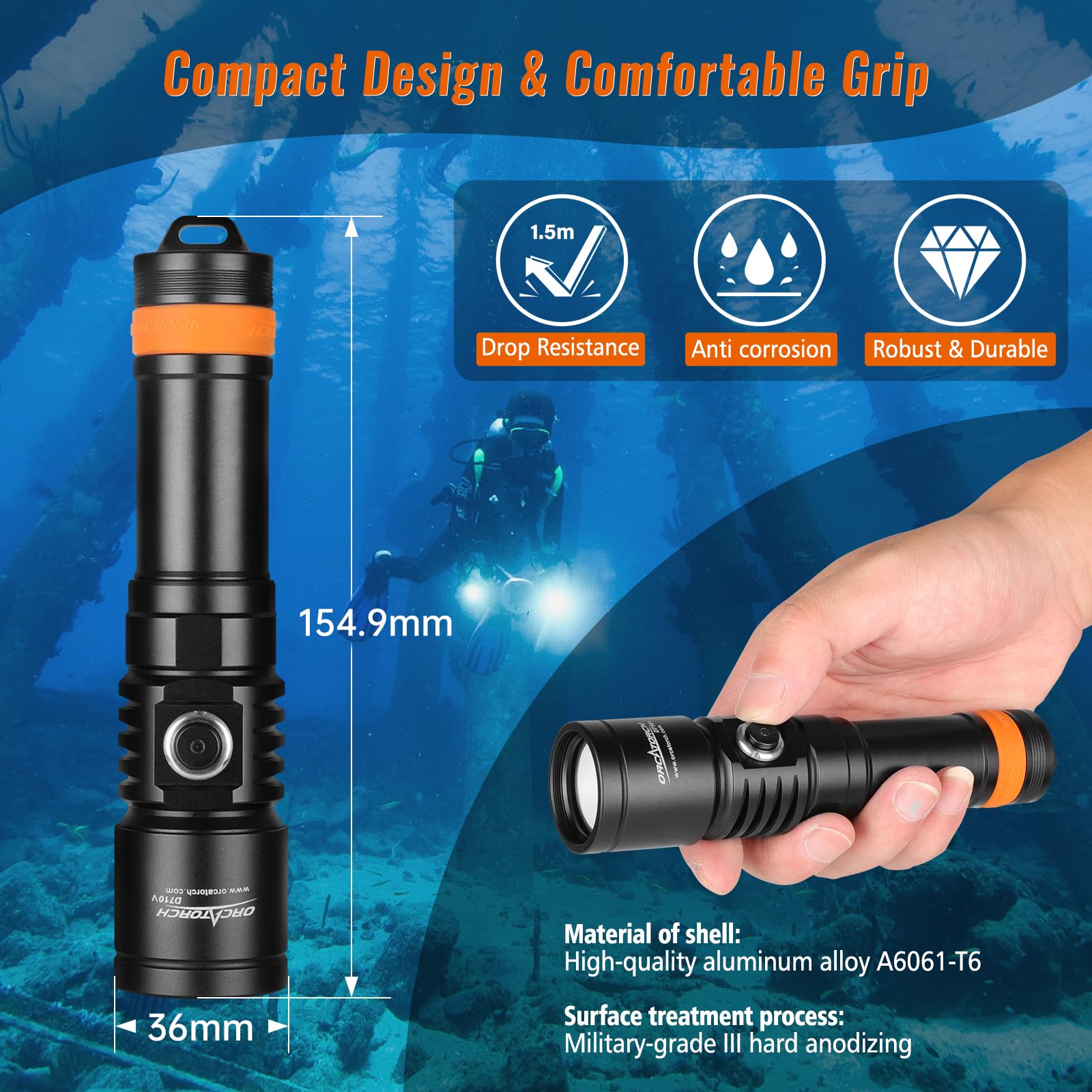 Orcatorch D710V 2000 Lumens Underwater Video Light, White Red Violet Tri Color, 120 Degree Wide Beam Scuba Flashlight For Dive P