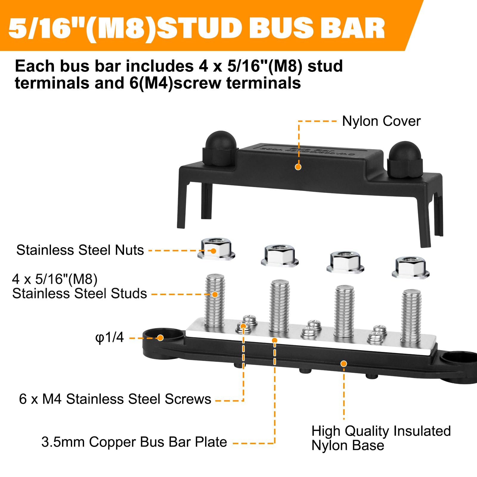 Yetlebox Power Distribution Block 12V 250A Bus Bar 4 X 5/16'' Stud Marine, 6 X #8 Screws Terminals Block (Pair   Red & Black)