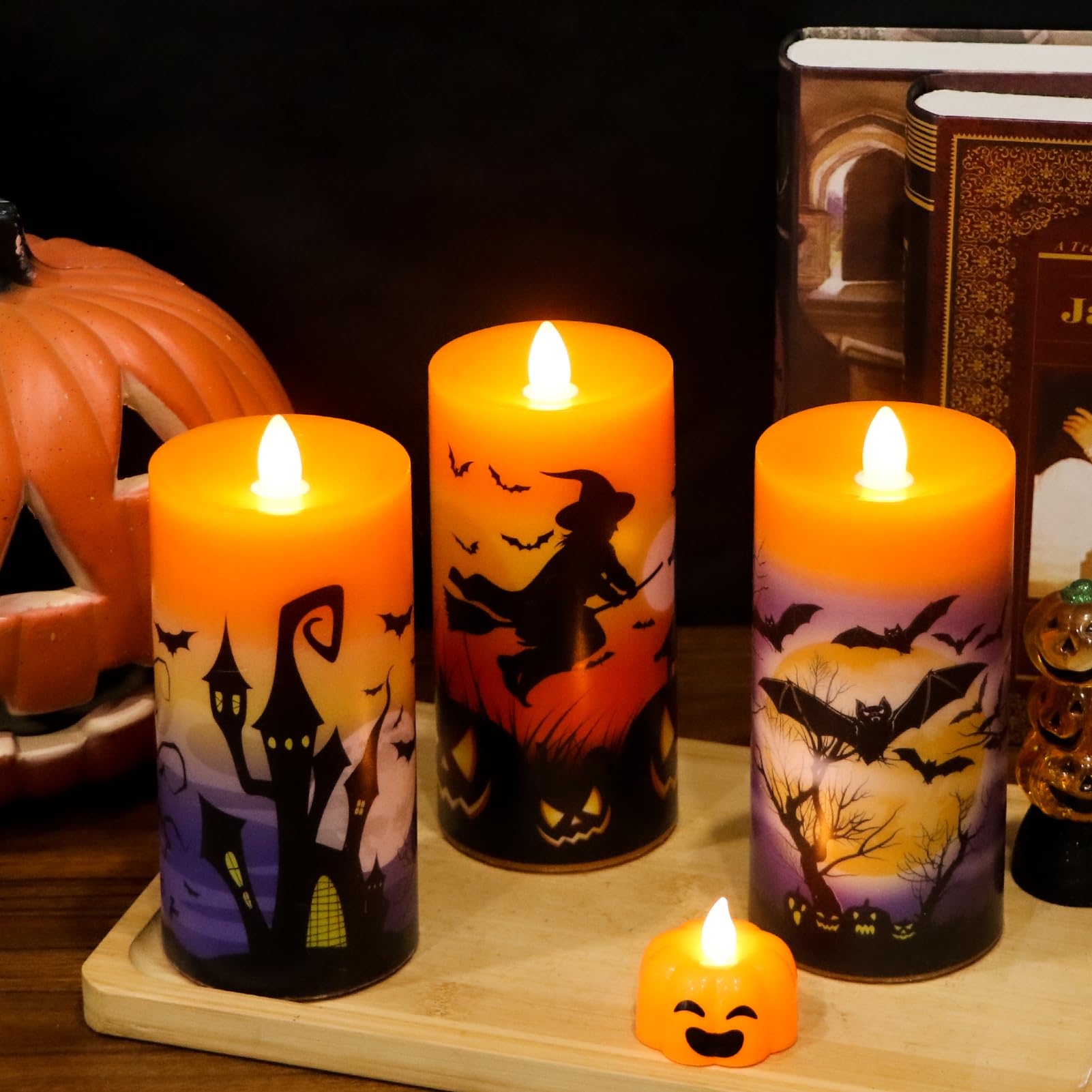 Dromance Halloween Flameless Led Candles Battery Operated With Remote And Timer, Real Wax Flickering Pillar Candles Flat Wick Di