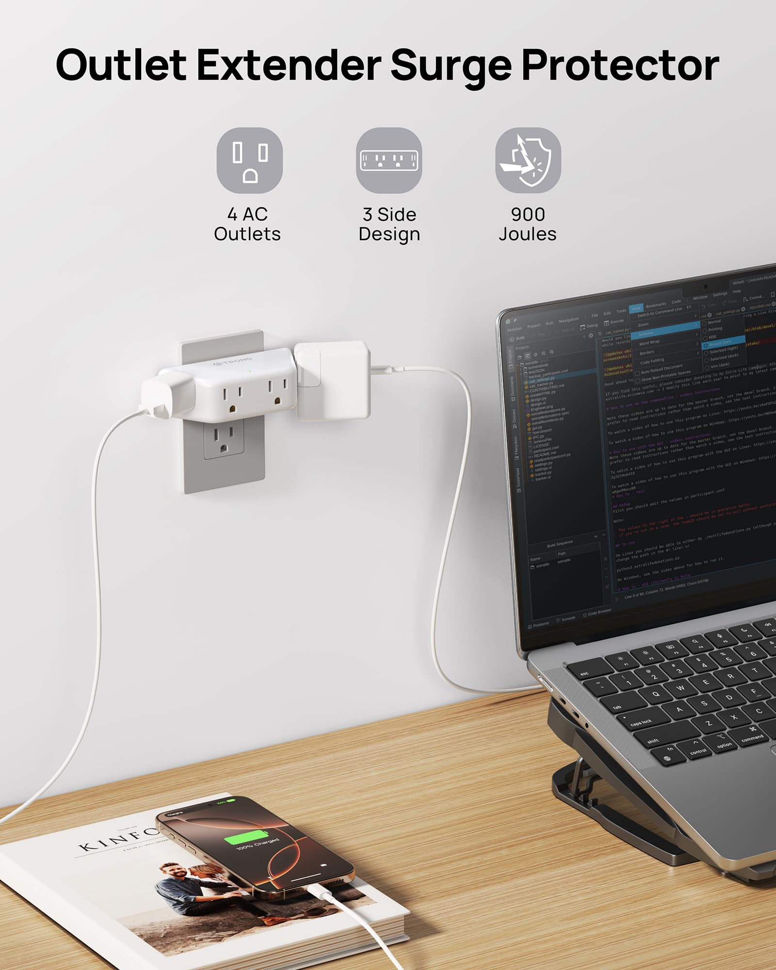 Trond Outlet Extender Surge Protector   Multi Plug Wall Outlet With 4 Grounded Sockets, 3 Way Angled Plug Adapter, 900J, Electri