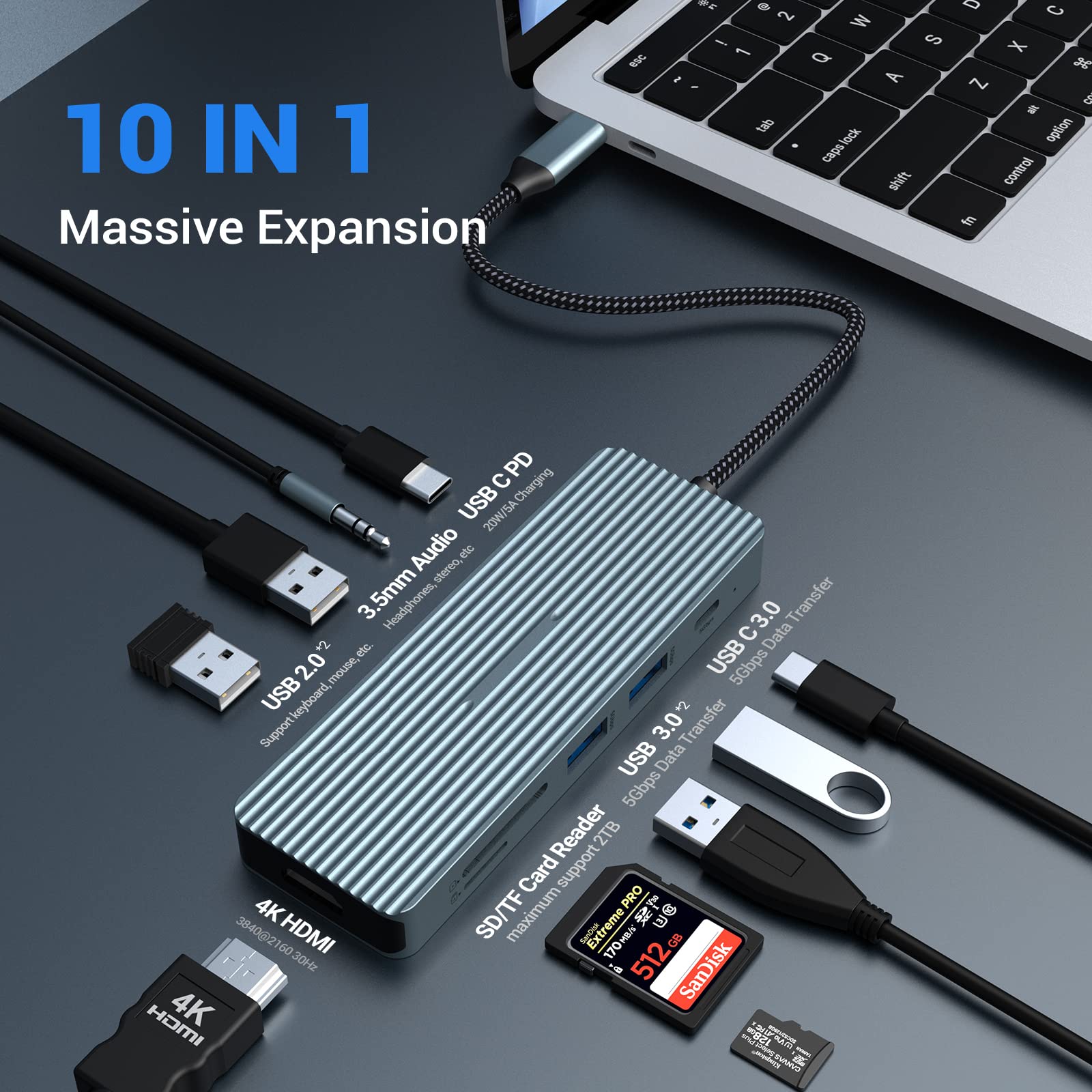 Usb C Hub Docking Station Dual Monitor, 10 In 1 Usb C Adapter With 4K Hdmi, Pd 100W, 2 Usb 3.0, 2 Usb 2.0, Usb C, Audio, Sd/Tf C