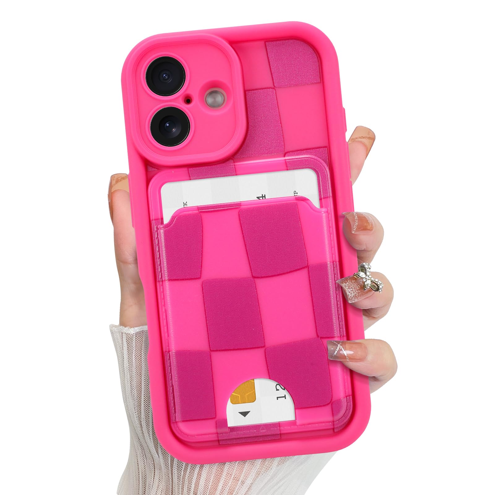 KANGHAR Compatible with iPhone 16 Plus Case, Wallet Silicone Checkered Cute Pattern, Card Holder Camera Protection Soft Slim Sho