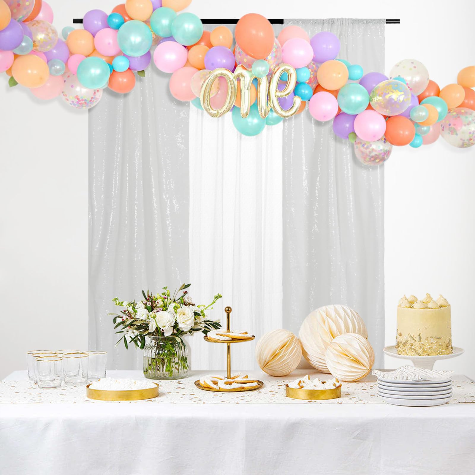 Partydelight White 2Ft X 8Ft Sparkly Sequin Backdrop Curtains, 2 Panels, For Wedding, Party, Room Decorations