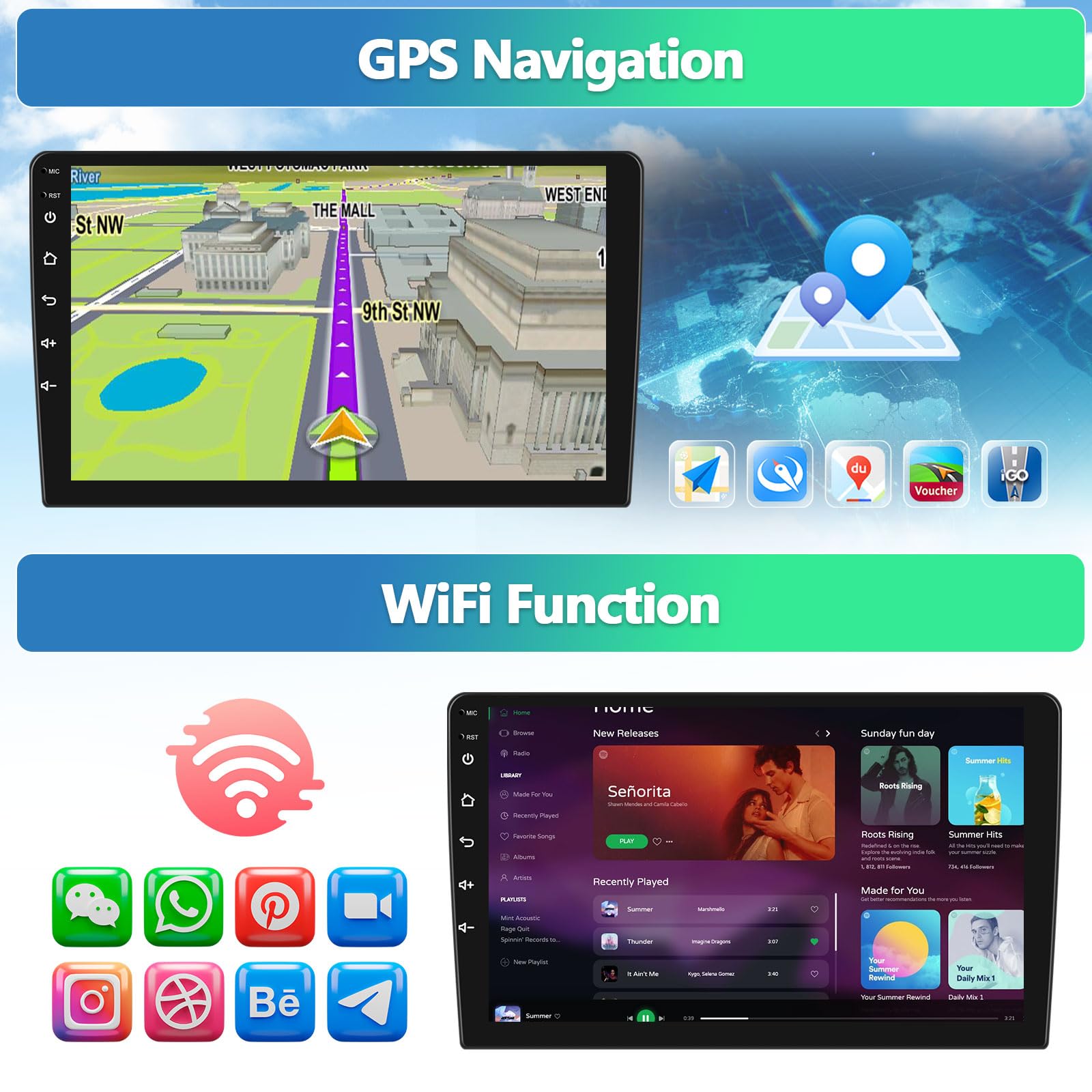 AMprime 10.1 Android Double Din Car Stereo, Apple Carplay, Bluetooth, WiFi, GPS, FM, SWC, Rear Camera & Microphone