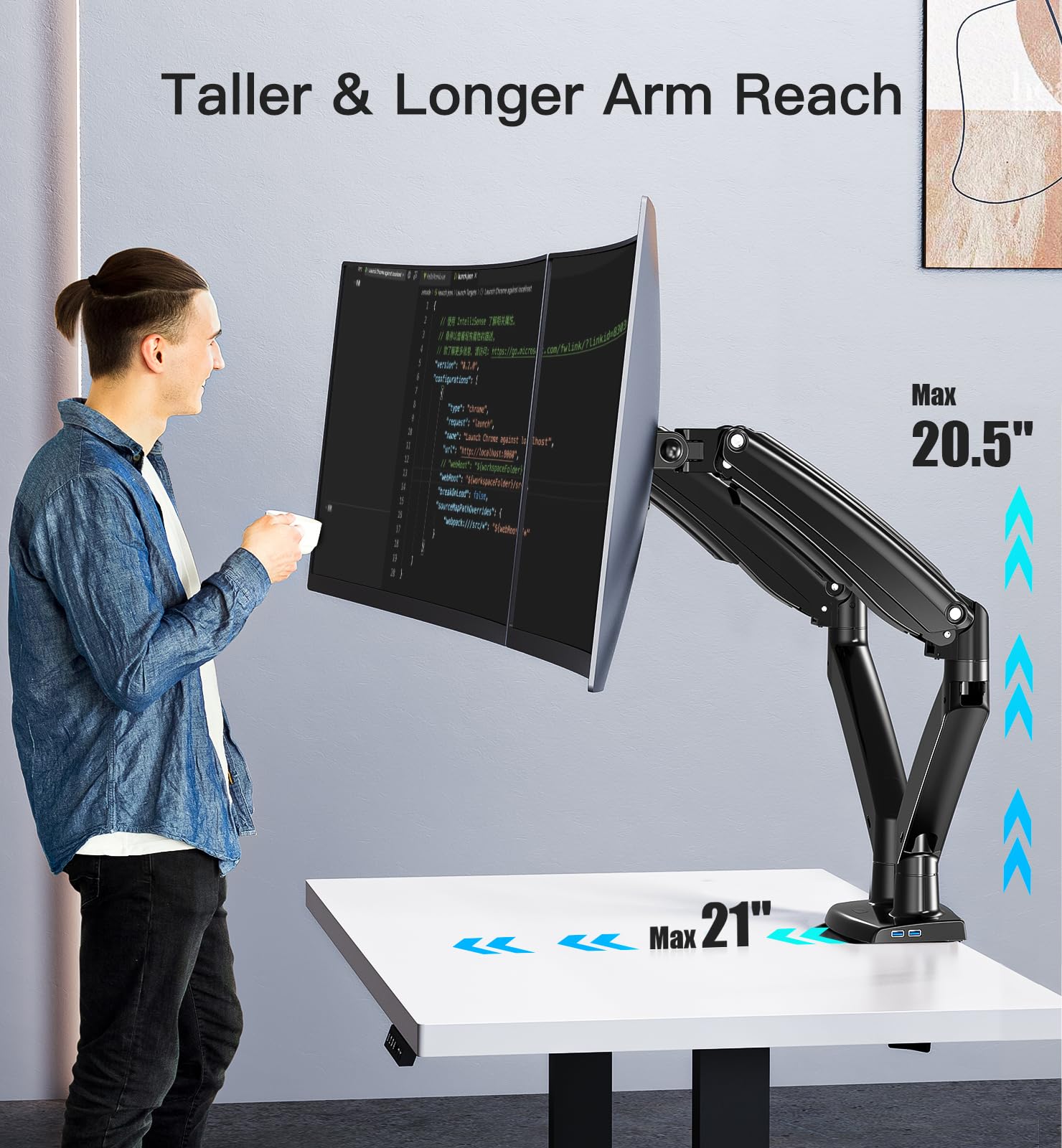 Huanuo 13 35 Inch Dual Monitor Arm For 2 Ultrawide Screens, Height Adjustable Full Motion Dual Monitor Stand With 2 Usb Port, Du
