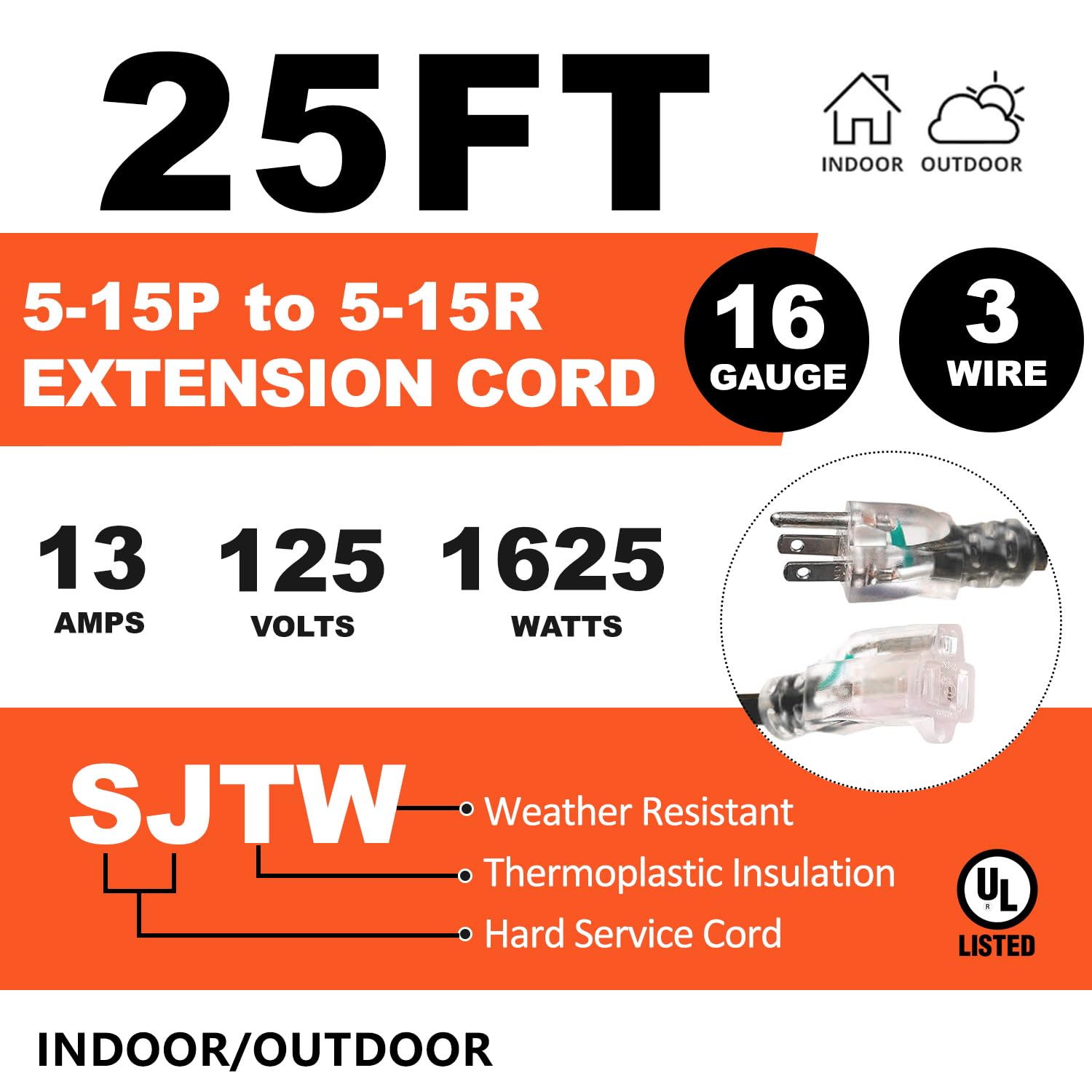 13Amp Outdoor Extension Cord Waterproof 25 Ft, Black 16/3 Sjtw Heavy Duty, Flexible 100% Copper 3 Prong Extension Cord For Lawn,