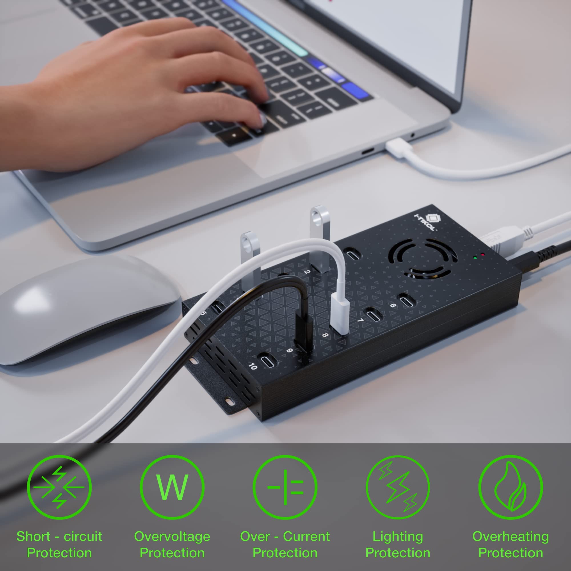 Usb 2.0 Hub Type C Multi Safety 10 Ports Powered, With Ac Adapter, Aluminum Usb Splitter With Cooling Fan   Type C For Laptops &