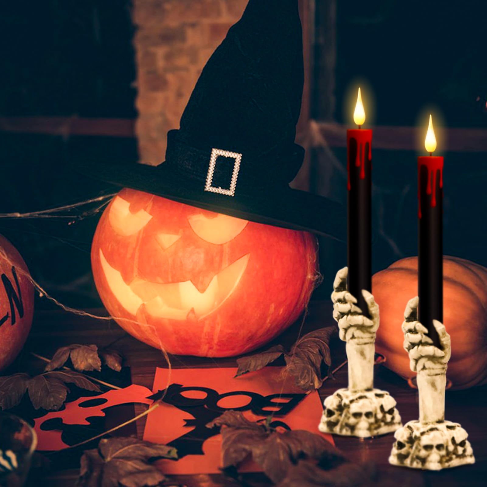 Wondise Halloween Flameless Taper Candles With Remote And Timer, Black Battery Operated Dripping Wax Led Flickering Candles With