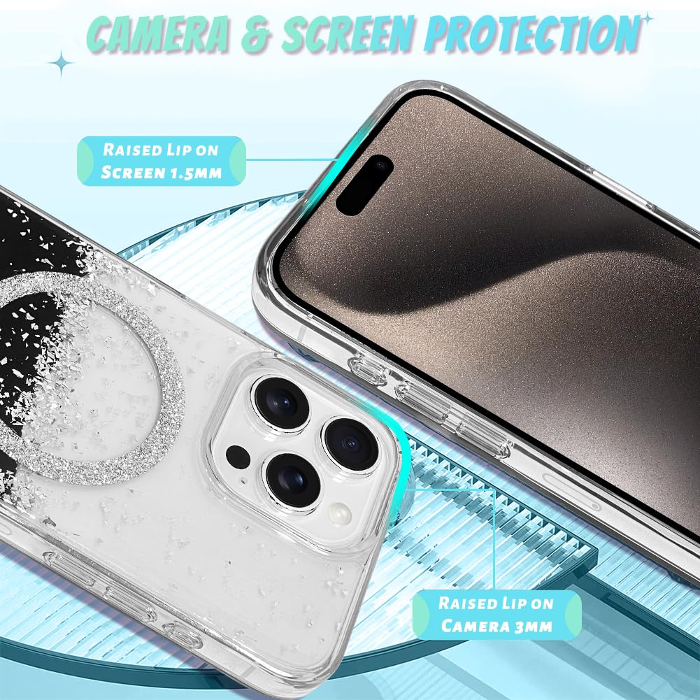 Bonoma For Iphone 15 Pro Max Case, Sparkly Glitter Bling Back, Magnetic Support For Magsafe Shockproof Case, Crystal And Clear H