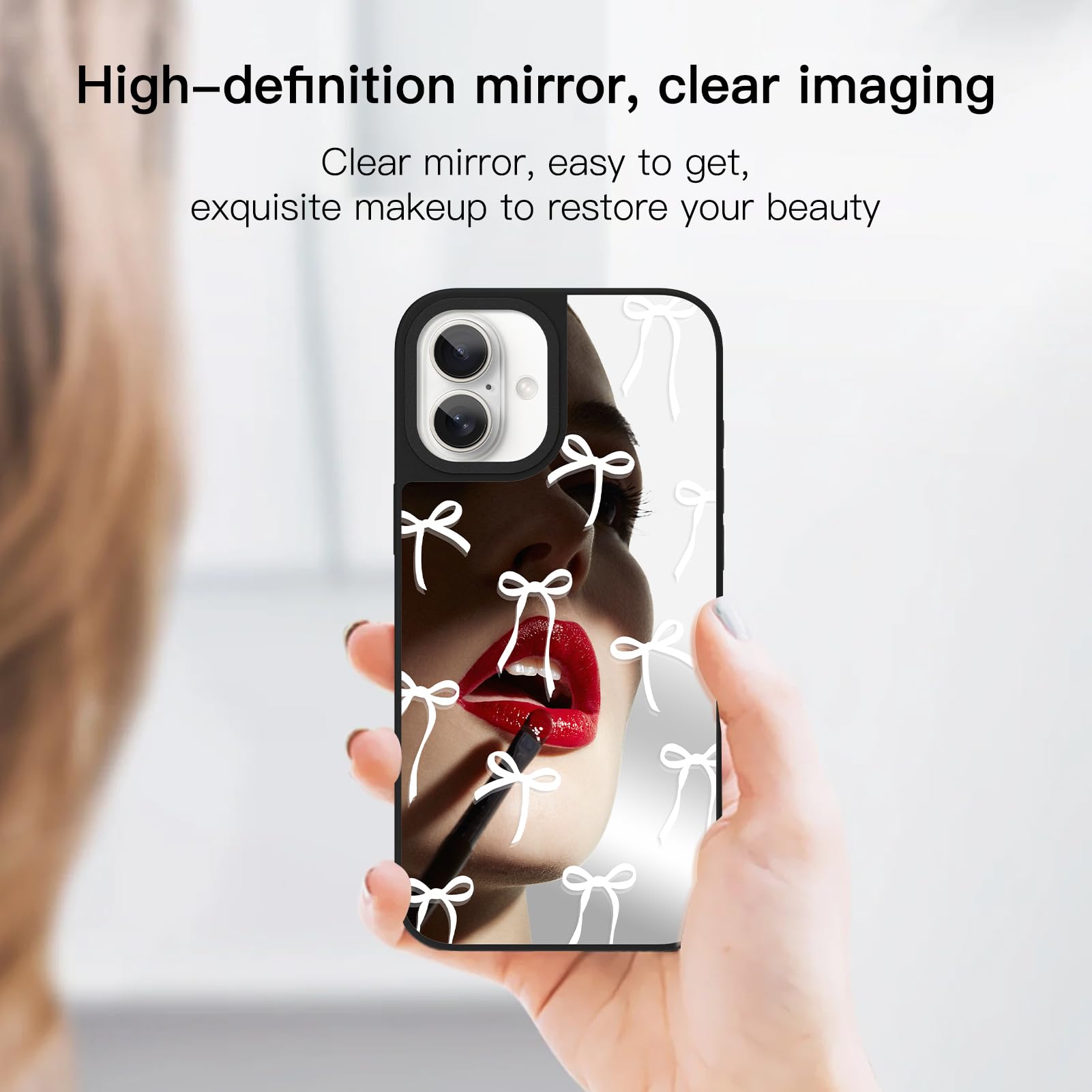 Ziye Mirror Case For Iphone 16 Plus Case,Cute Mirror White Ribbon Bow Pattern For Women Girls Slim Anti-Drop Shockproof Protecti