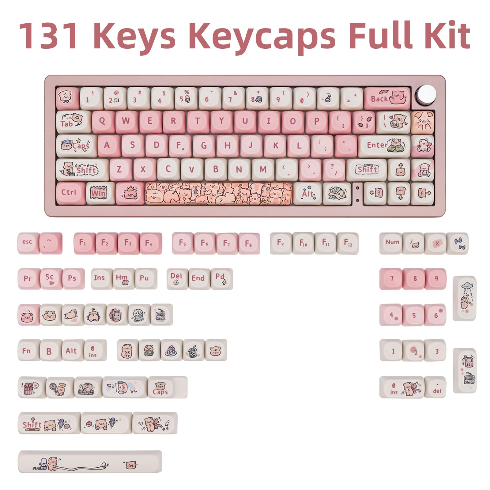 Coomickey Pbt Keycaps, Pink Cute Keycaps, Moa Keycaps Dye Sublimation, 131 Key Custom Keyboard Keycaps Set For 61/64/68/84/87/10
