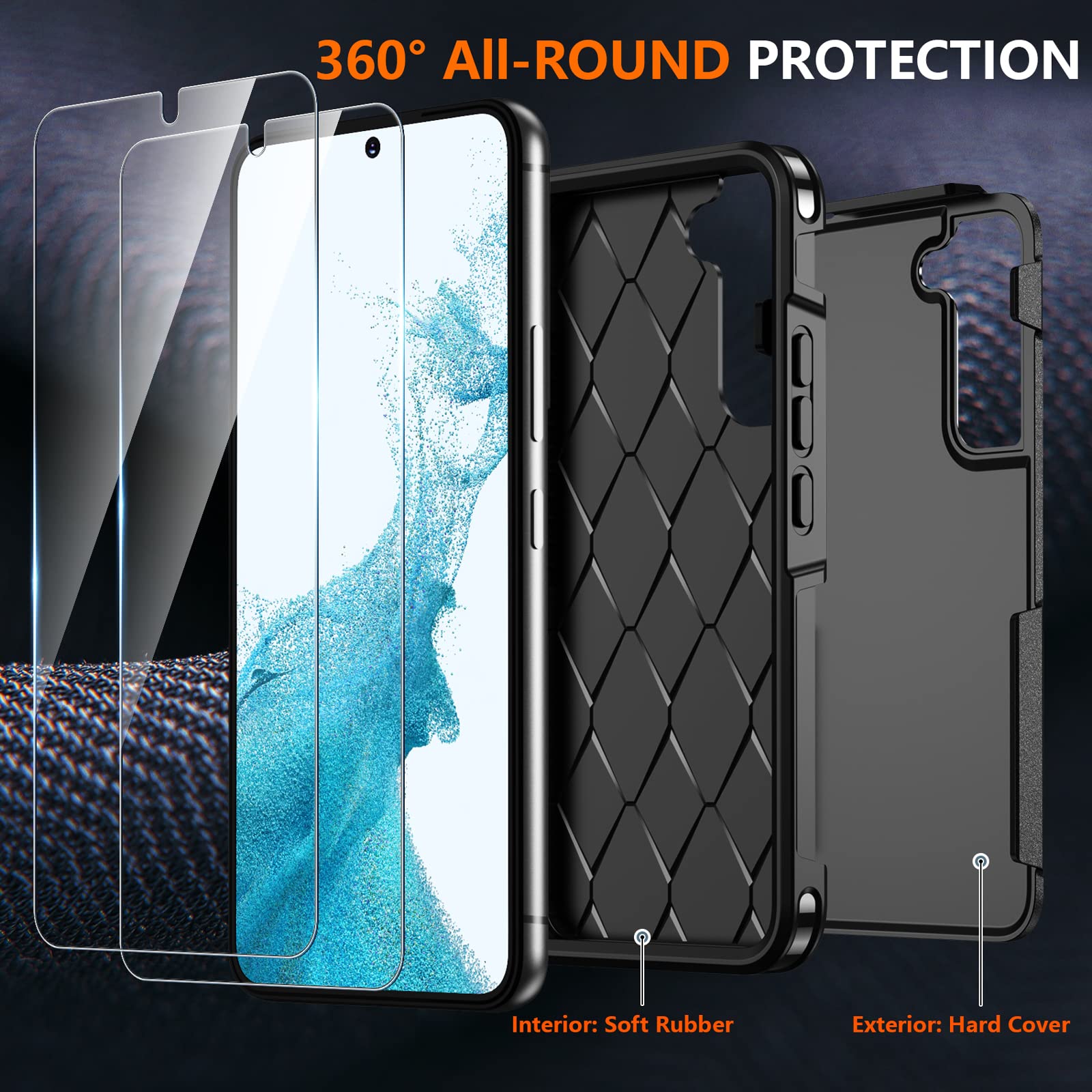 Spidercase For Samsung Galaxy S22 Case, [10 Ft Military Grade Drop Protection],2 Pack [Tempered Glass Screen Protector+Camera Le
