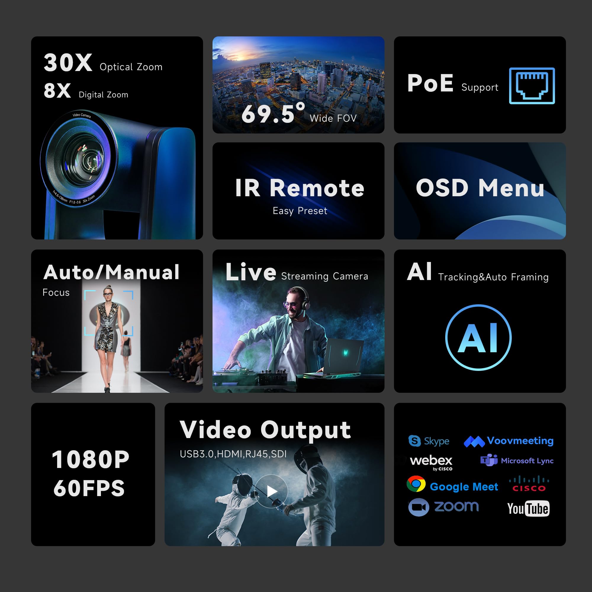 Tenveo Ptz Camera Ai Auto Tracking Live Streaming 30X Optical Zoom Sdi/Hdmi/Usb/Rj45 Video Conference Room Camera Fhd 1080P 60Fp