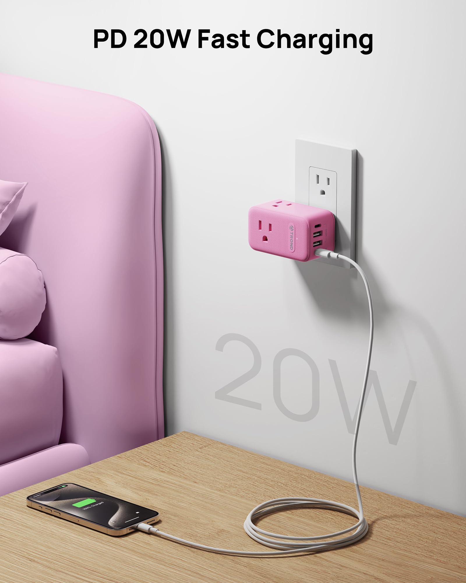 Trond Outlet Extender With Usb C, 3 Ac Outlet Splitter With 360 Rotation, Multiple Wall Plug With Pd 20W Port, Cute Pink Plug Ex