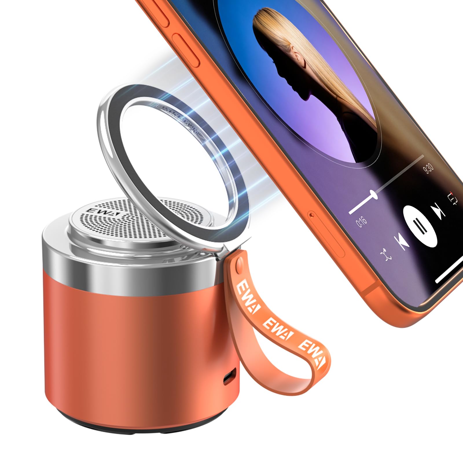 EWA Wireless Bluetooth Speaker with Secure Magnetic Phone Stand (Orange)