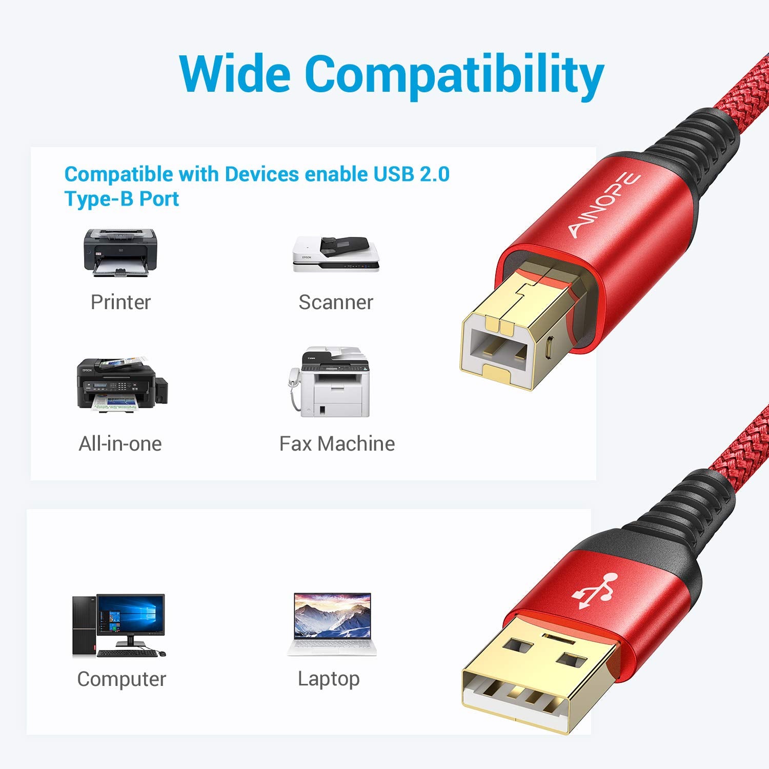 Ainope Printer Cable 6.6Ft, Usb A To Usb B Cable Usb 2.0 Midi Cable?High Speed? Nylon Braided Usb Printer Cable Scanner Printer