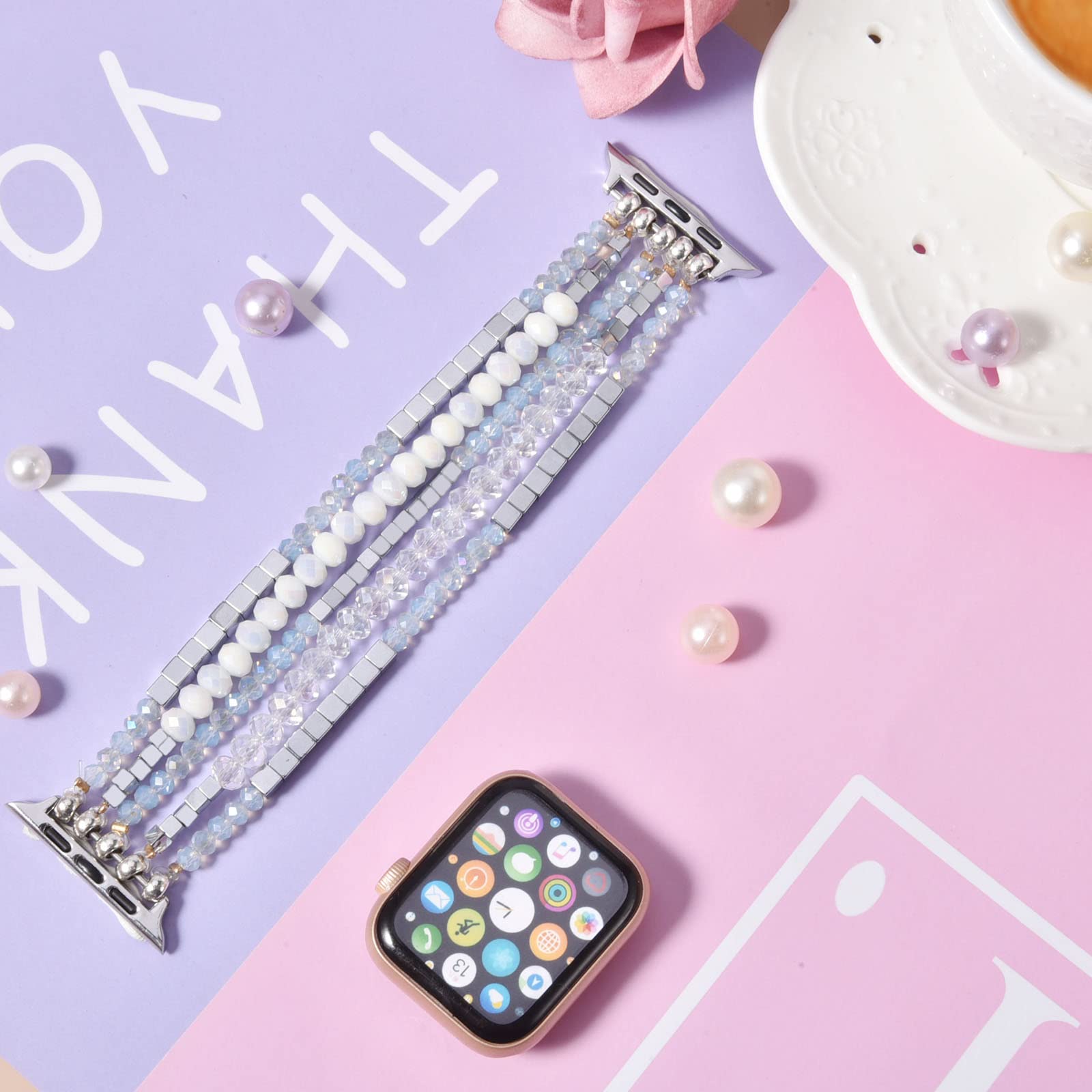 Mofree Beaded Compatible For 45Mm/44Mm Apple Watch Bracelet Band Series 7 Se Series 6/5/4 Women Fashion Elastic Stretch Strap Co