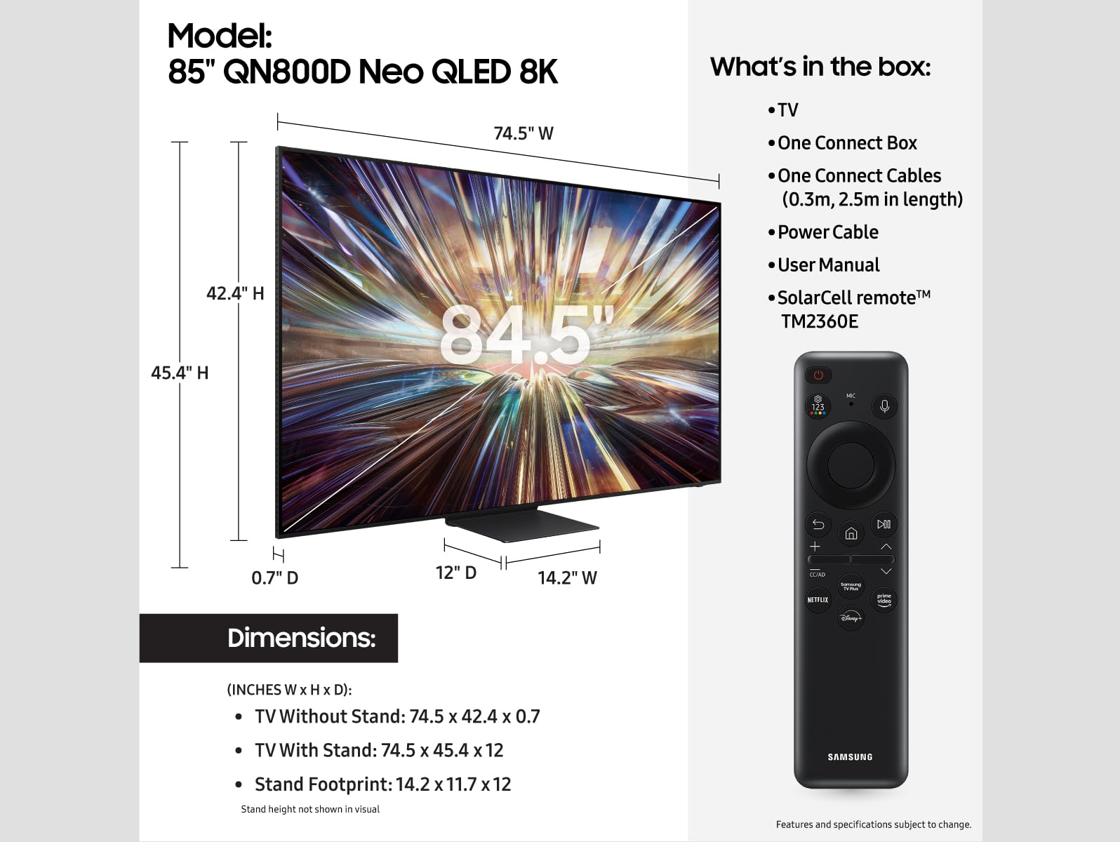 Samsung 85-Inch Class Qled 8K Qn800D Series Mini Led, Neo Quantum Hdr Smart Tv W/Dolby Atmos, Object Tracking Sound+, Ai Motion