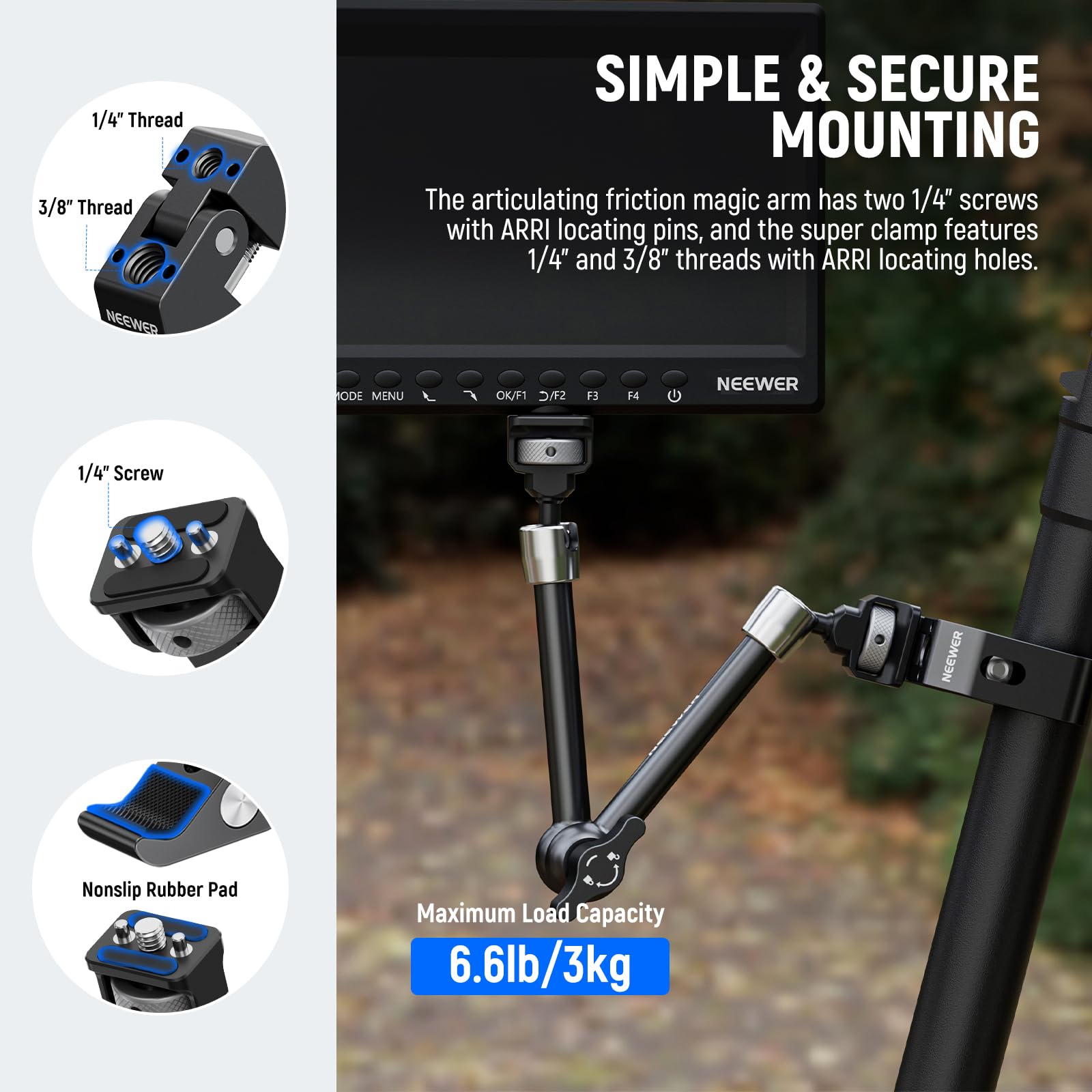 Neewer 11'' Articulating Magic Arm Clamp Mount With Super Clamp, Camera Monitor Mount With 1/4'' 3/8'' Arri Locating Pins & Hole