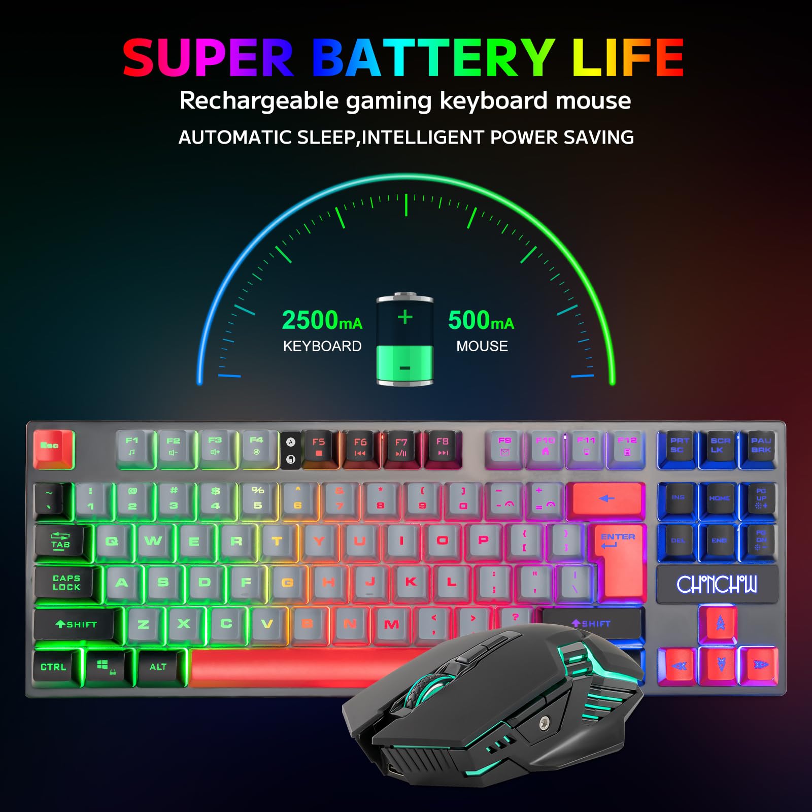 Chonchow Rechargeable Wireless Keyboard And Mouse Combo Gaming Set,Red/Black/Grey Colored Led Rgb Backlit 2500+500Mah Battery 32