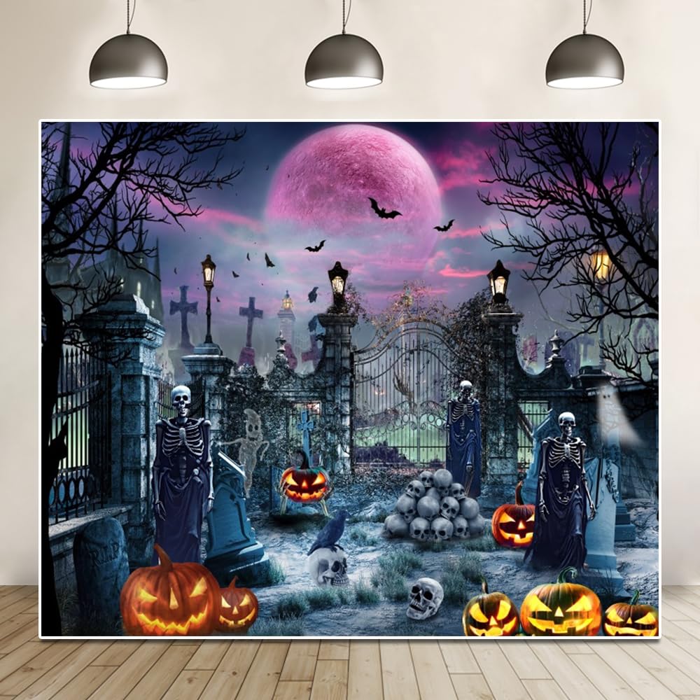 Halloween Backdrop Photography 10X8Ft Scary Cemetery Skull Moon Night Halloween Party Birthday Photo Backdrop Creepy Graveyard P