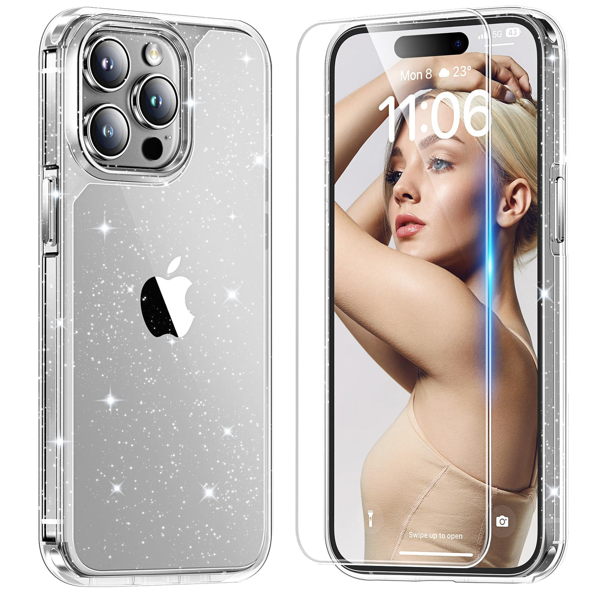 Tauri 3 In 1 For Iphone 15 Pro Case Glitter, [Not Yellowing] With 2X Screen Protector, [Military Grade Drop Protection] Bling Cu