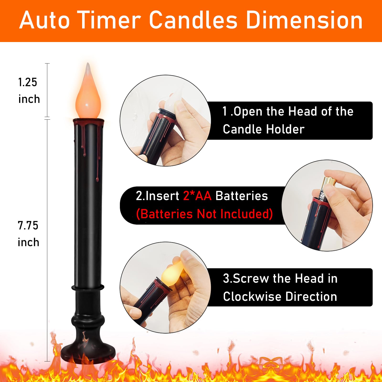 Sunsgne 9'' Halloween Window Battery Operated Candle Lights With Led Flameless Flicker Lights, Black Candles Automatic Timer Lam