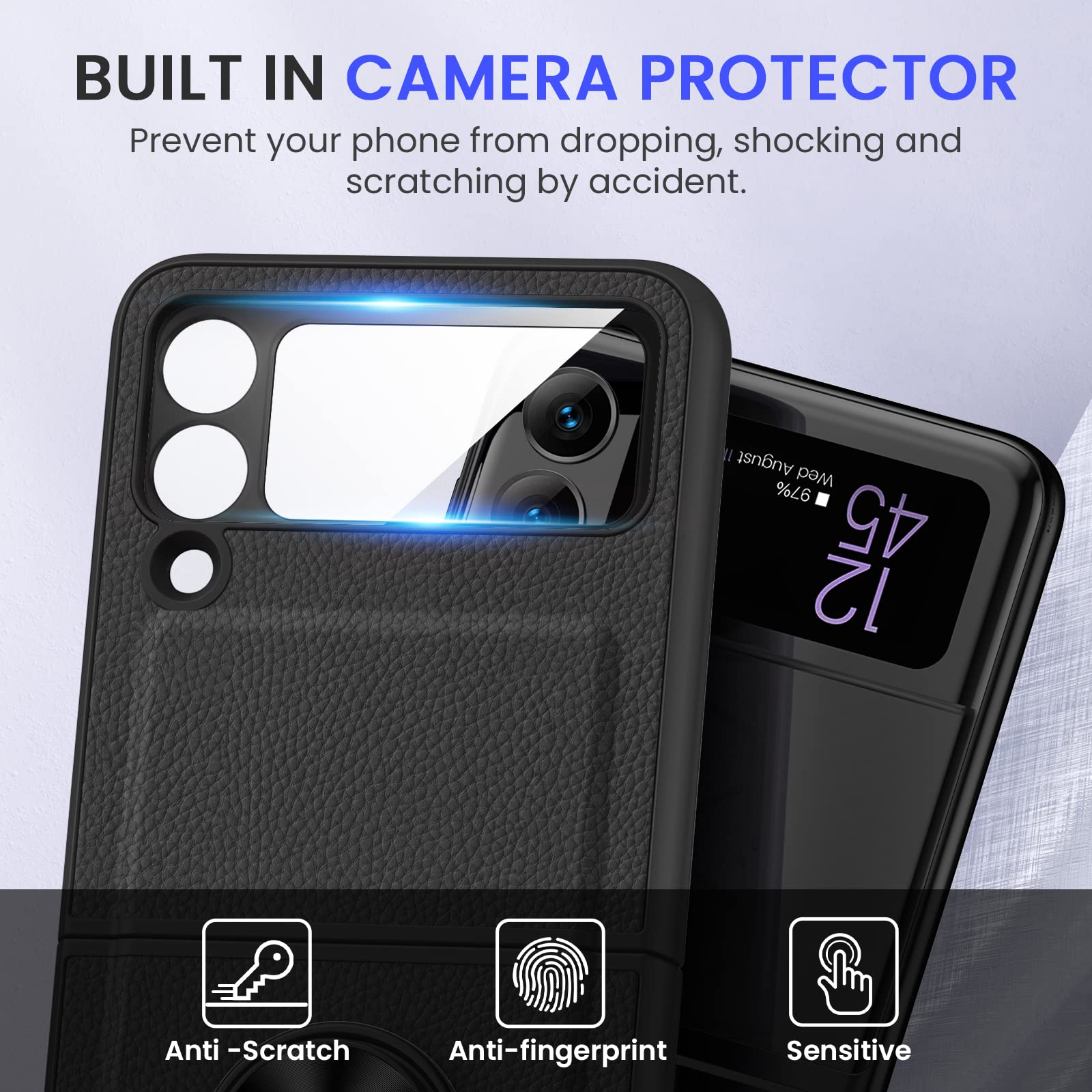 Vego For Galaxy Z Flip 3 Case With Hinge Protection, 360   Rotate Ring Stand Magnetic Cover Case With Built In Tempered Glass Ca