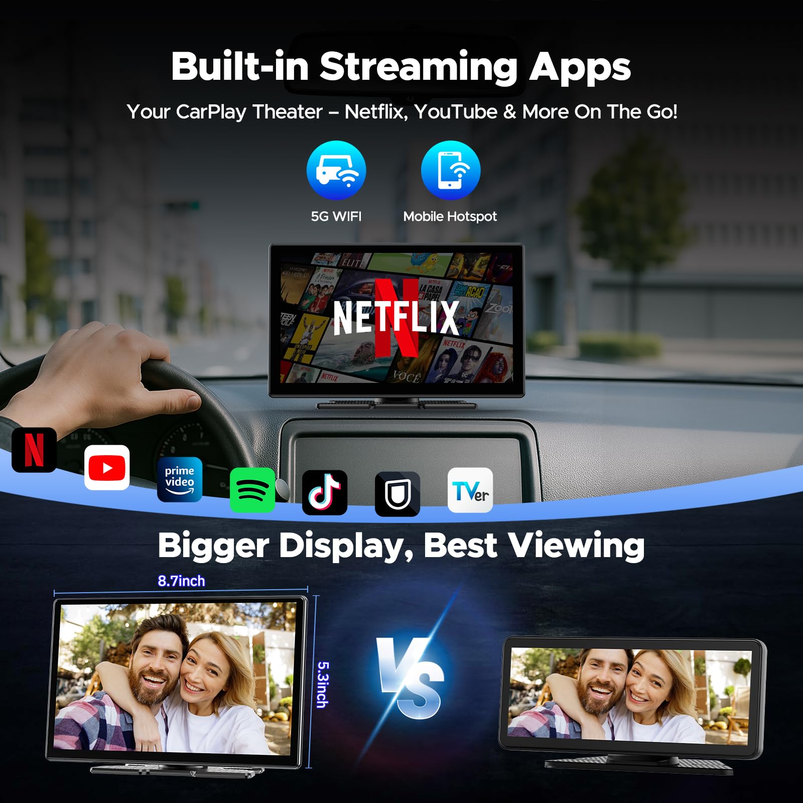 Volam 9 Carplay Screen With Netflix Youtube And 1080P Backup Camera Upgraded Wireless Android Auto Screen Portable Ai Magic Vi