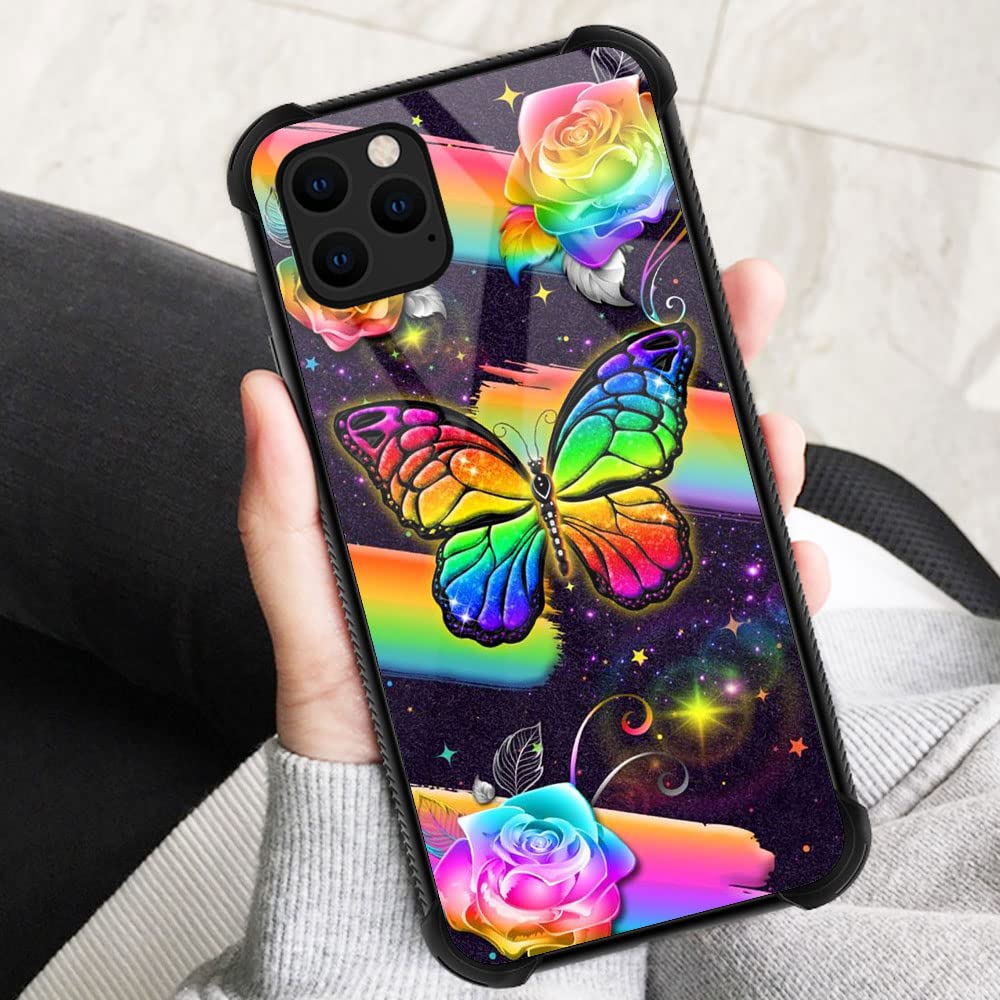 ZHEGAILIAN iPhone 12 Pro Rainbow Butterfly Case Organic Glass TPU 6.1 inch