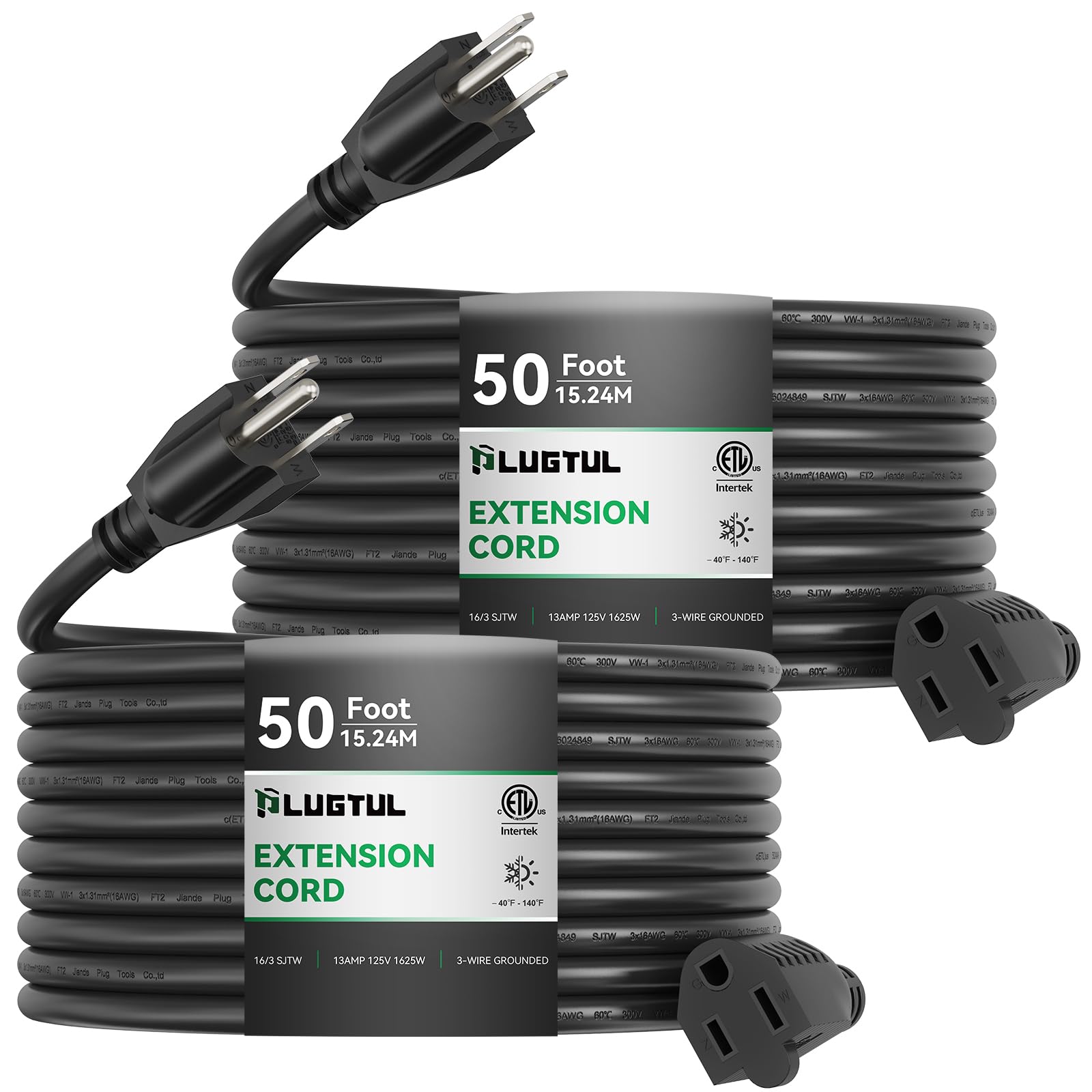 Plugtul 2 Pack Extension Cord 50 Ft, 16/3 Outdoor Extension Cord Waterproof, Heavy Duty 3 Prong Extension Cord Black, 13A 1625W