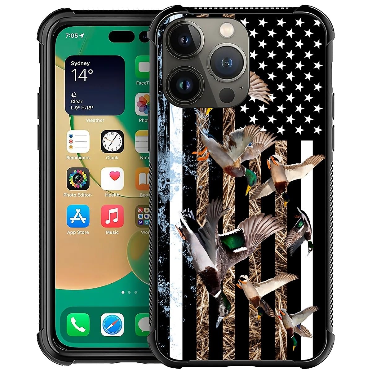 Deaorew for iPhone 15 Pro Max Case | Classic Slim Cover Design | Ducks Hunting American Flag