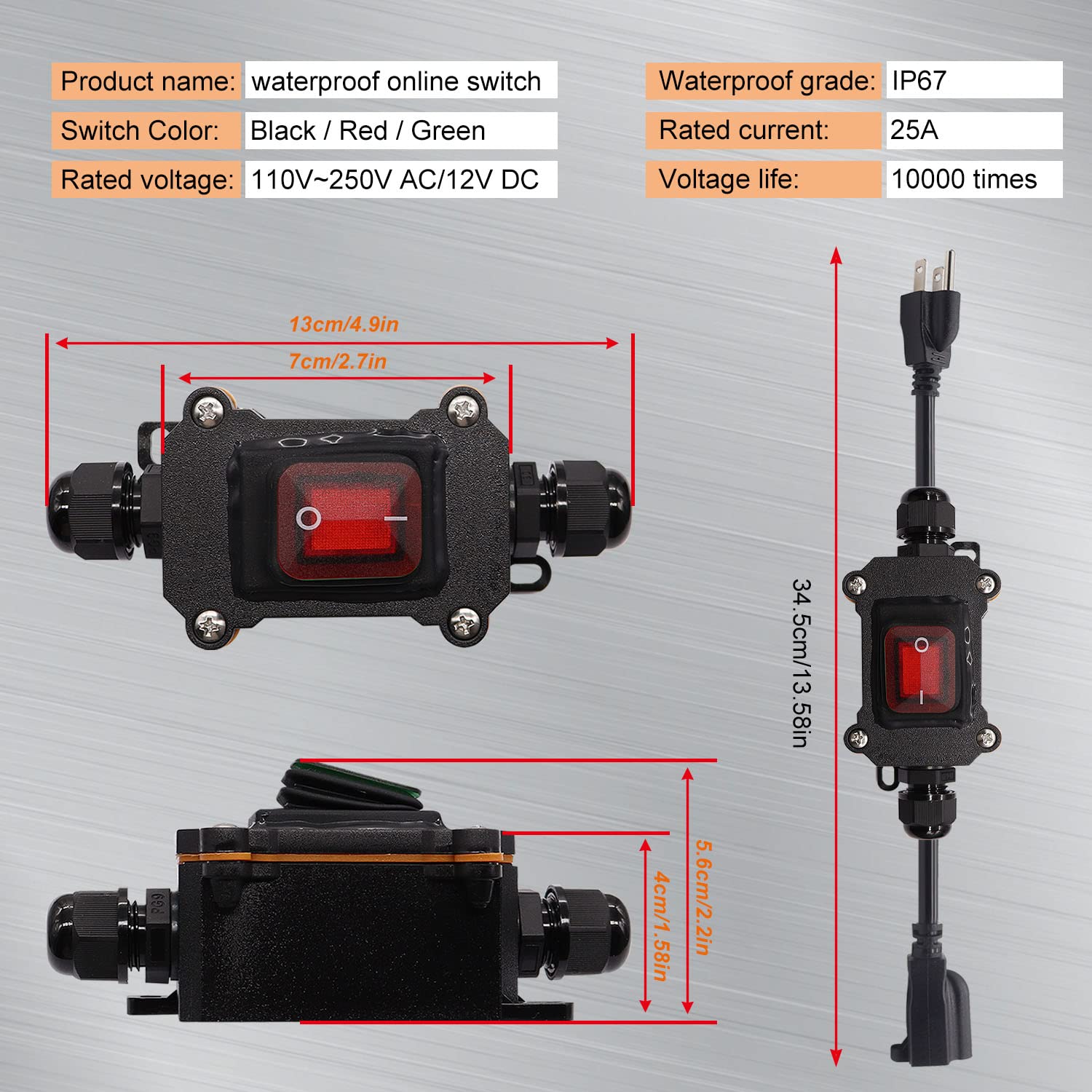 Weideer Extension Cord With Inline Switch On/Off Ip67 Waterproof 20A 250V 1.5Ft 14Awg 3Pin Outlets Plugs Power Cord Red Led Rock